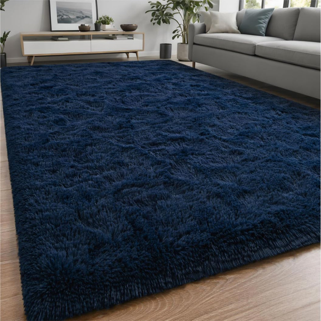 Larhom Fluffy Shag Area Rug For Bedroom Living Room, 5X8 Ft Navy Blue Fuzzy Plush Rugs For Kids Girls Boys Room, Nursery Dorm Ro
