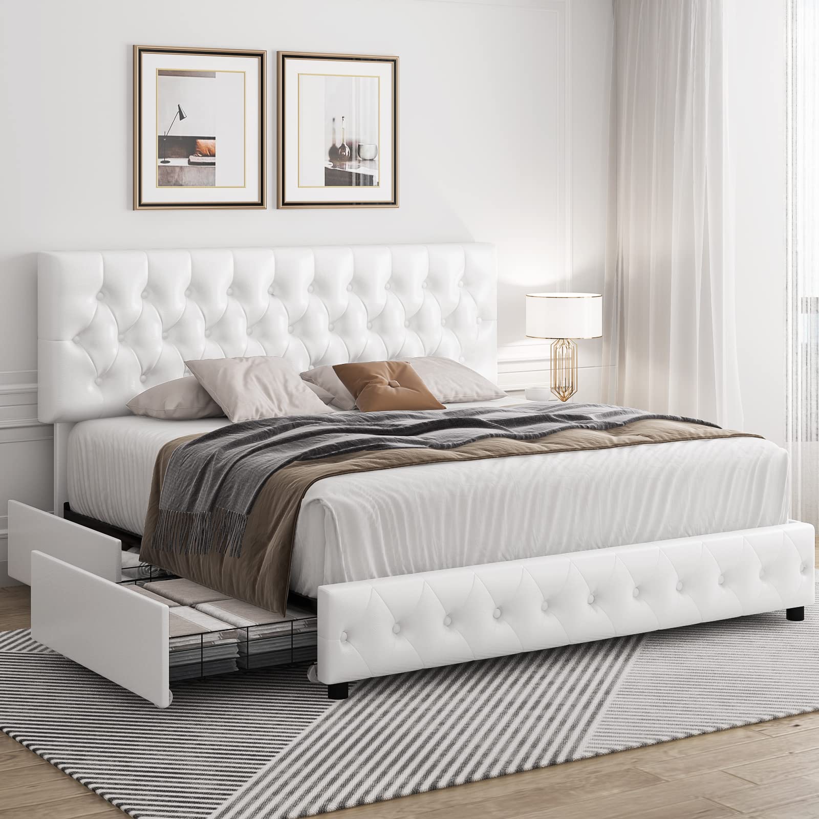 Keyluv Modern Upholstered Bed Frame with 4 Drawers, Button Tufted Headboard Design, Solid Wooden Slat Support, Easy Assembly, Fu