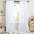 Pom Pom Sheer White Curtains 108 Inches Length White Semi Sheer 2 Panels Farmhouse Boho Pattern Design Voile Draperies Floor To