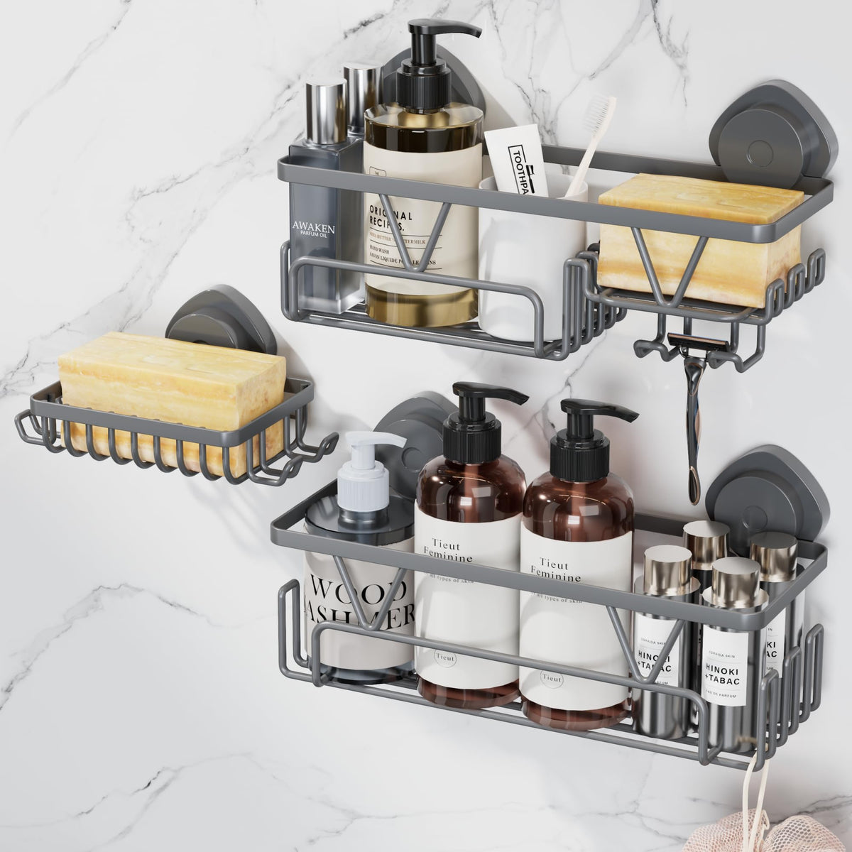 KEGII Suction Cup Shower Caddy 3 Pack, Bathroom Rack Organizer, Dark Gray