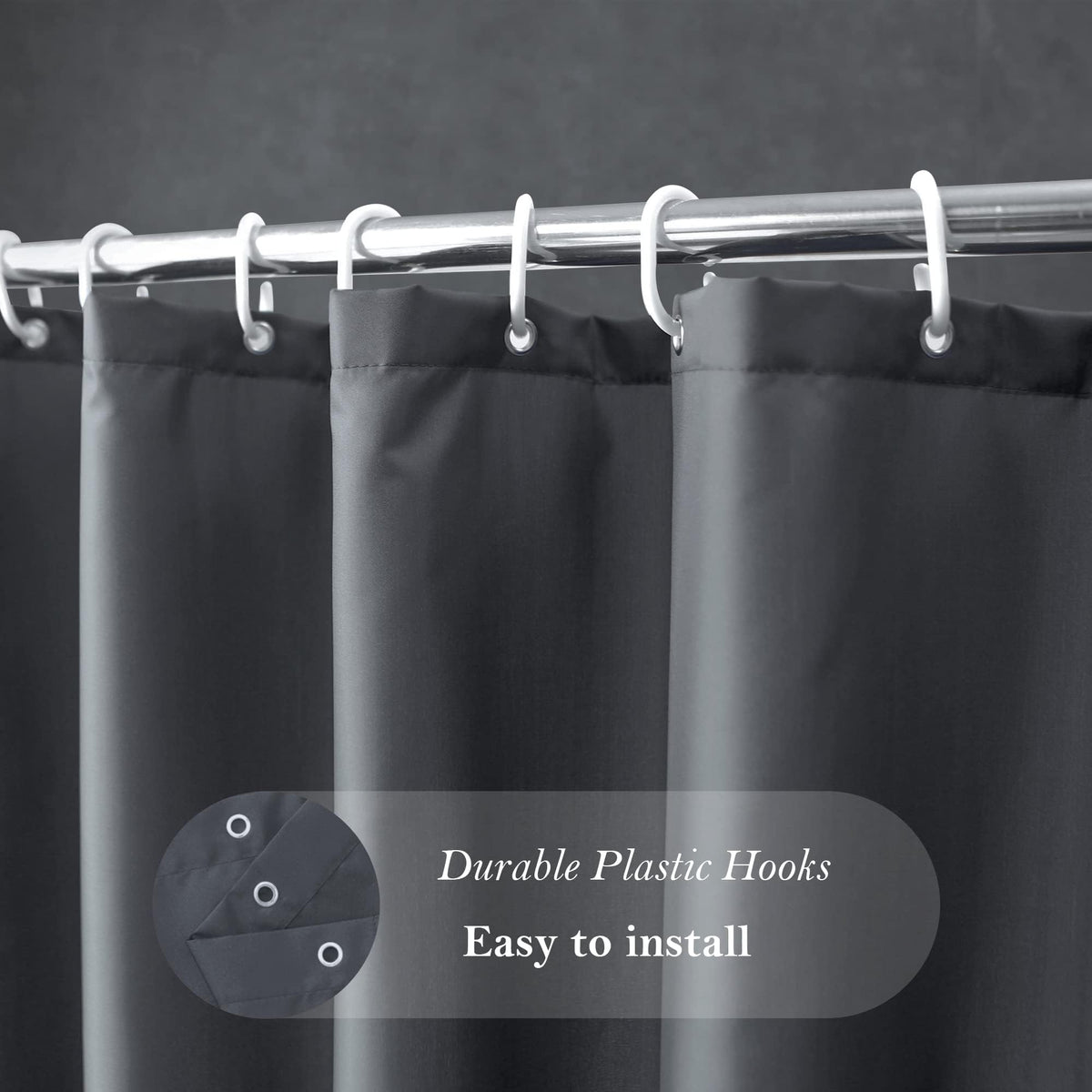 Aoohome Fabric Shower Curtain 54 Width X 72 Height Inch, Solid Color Bath Curtain With Hooks For Hotel, Water Repellent, Dark Gr