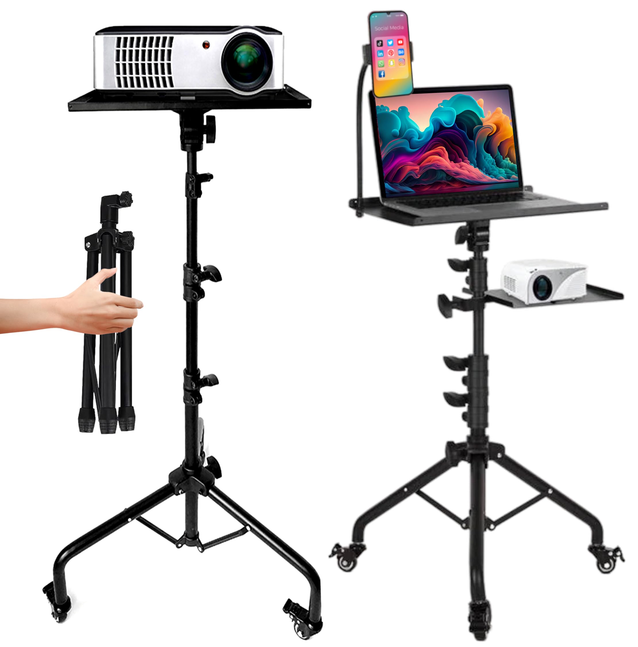 Prozipy Laptop & Projector Tripod Stand Adjustable Height 26 to 51    Wheely Portable Laptop Stand With Gooseneck Phone Holder -