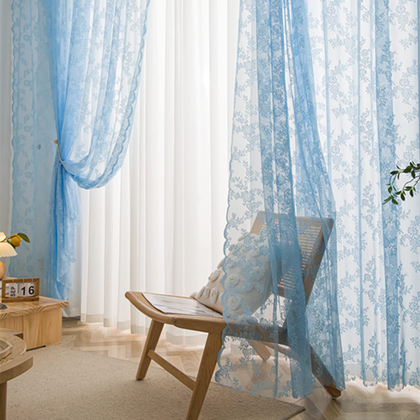 Deeprove Blue Lace Curtains 84 Inches Long, Boho Sheer Curtains Window Treatment Drape Pair 2 Panels Set For Bedroom Living Room