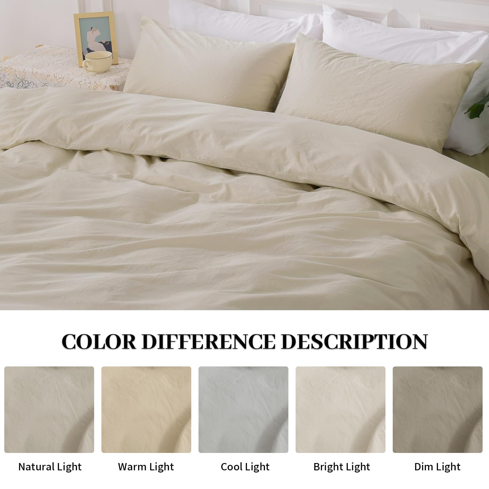Nexhome Pro Duvet Cover Set 100% Washed Cotton Oversized King 120'X98' Linen Feel Textured Organic 3 Pieces Bedding Set With Zipper Closure And Corner Ties, Breathable(Cream Grey, No Comforter)