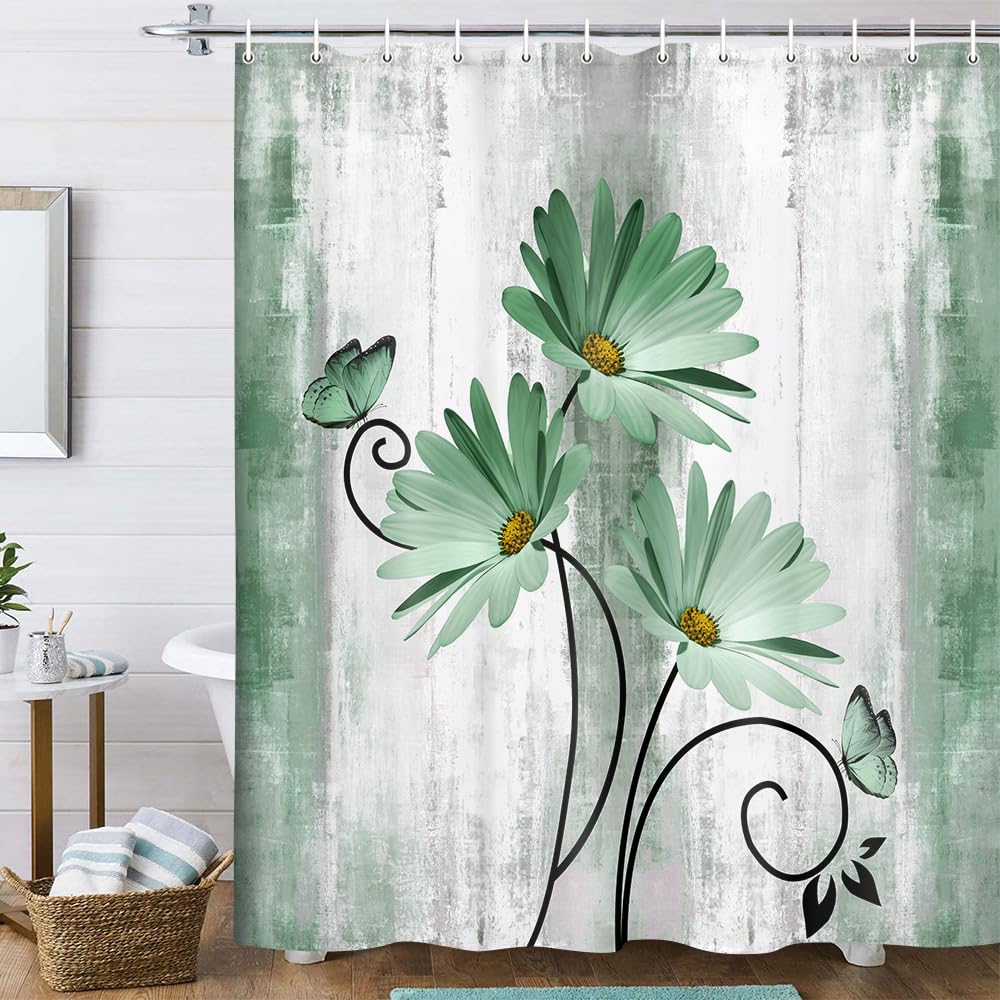 Rustic Farmhouse Shower Curtain, Farm Sage Green Daisy Floral Flowers and Butterfly on Country Wooden Shower Curtain for Bathroo