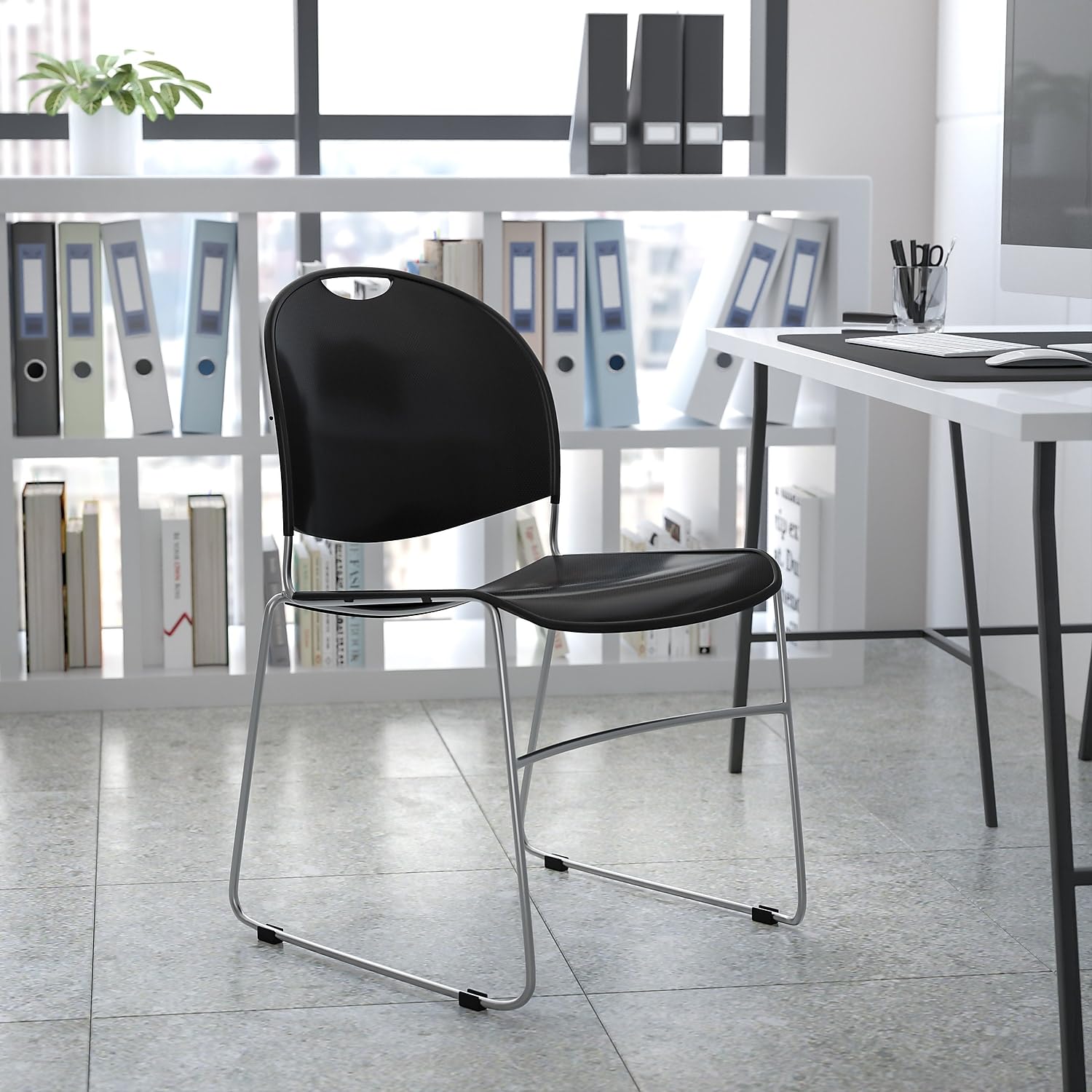 Flash Furniture HERCULES Series 880 lb. Capacity Black Ultra-Compact Stack Chair with Chrome Frame