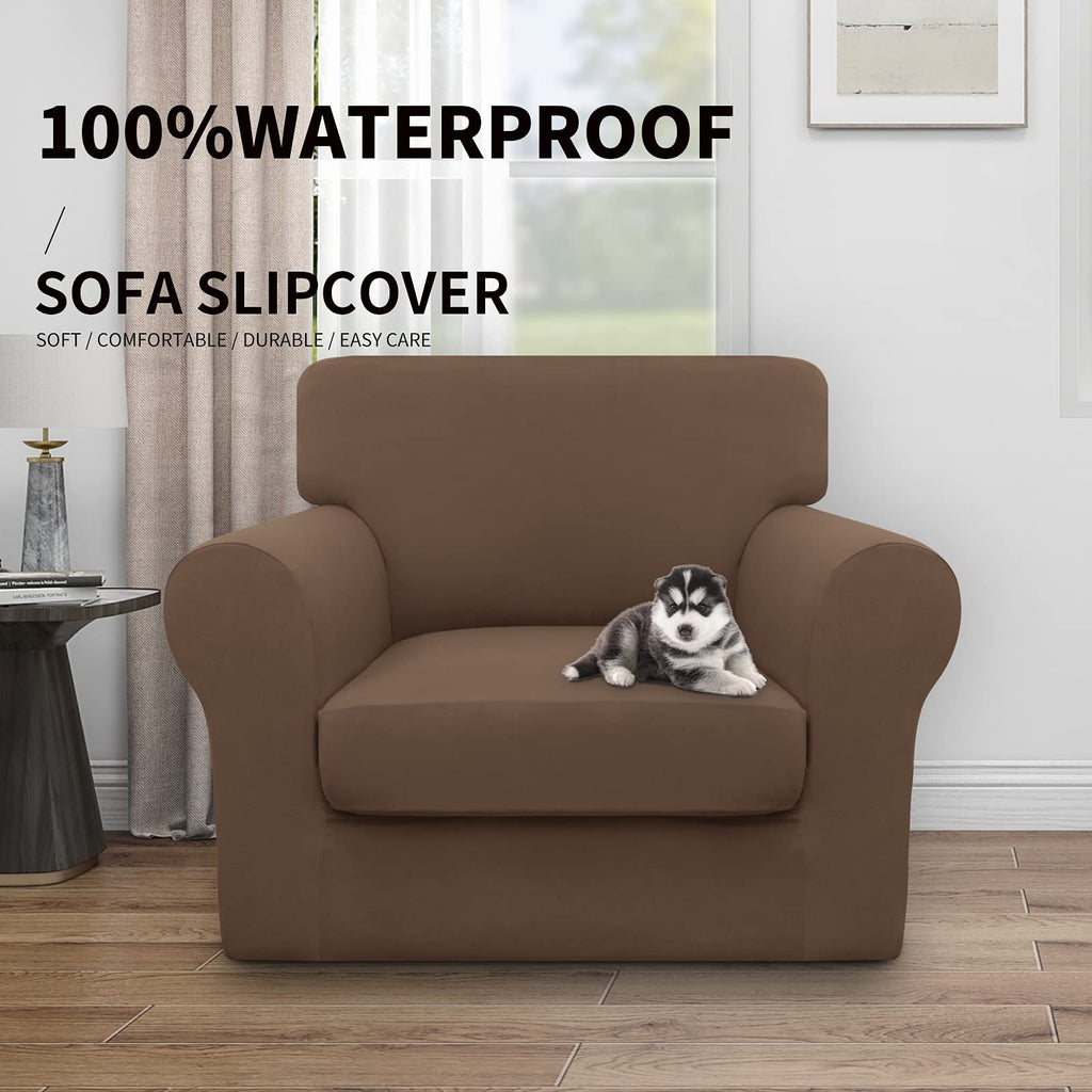 Easy-Going 100% Dual Waterproof 2 Pieces Chair Cover Stretch Soft Couch Cover For Dogs, Sofa Slipcover For 1 Separate Cushion Couch Leakproof Furniture Protector For Kids, Pets Brown