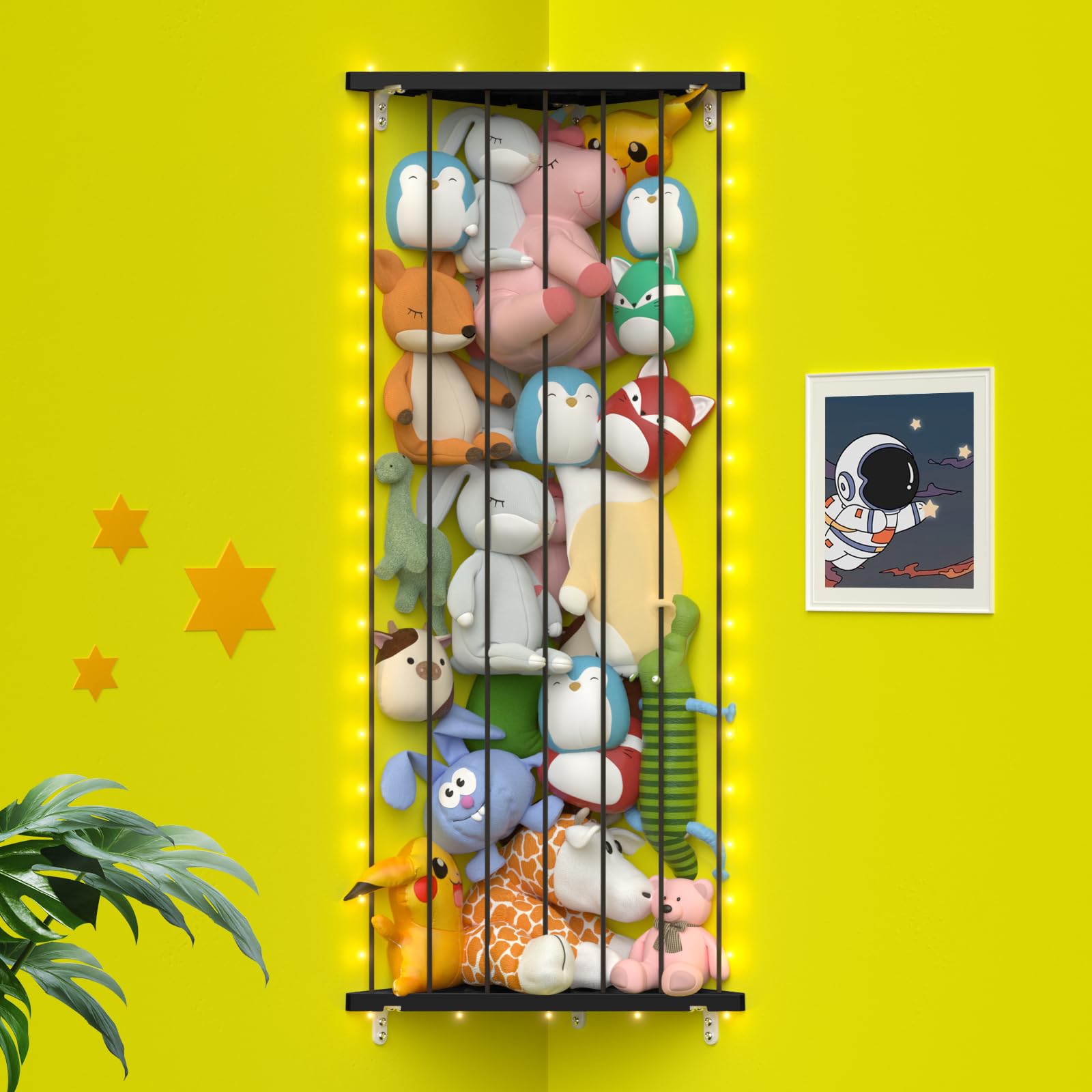 GGUO Corner Stuffed Animal Storage Net - Stuffed Animals Holder with Lights - Plush Toy Organizer Hanging Stuffed Animal Hammock