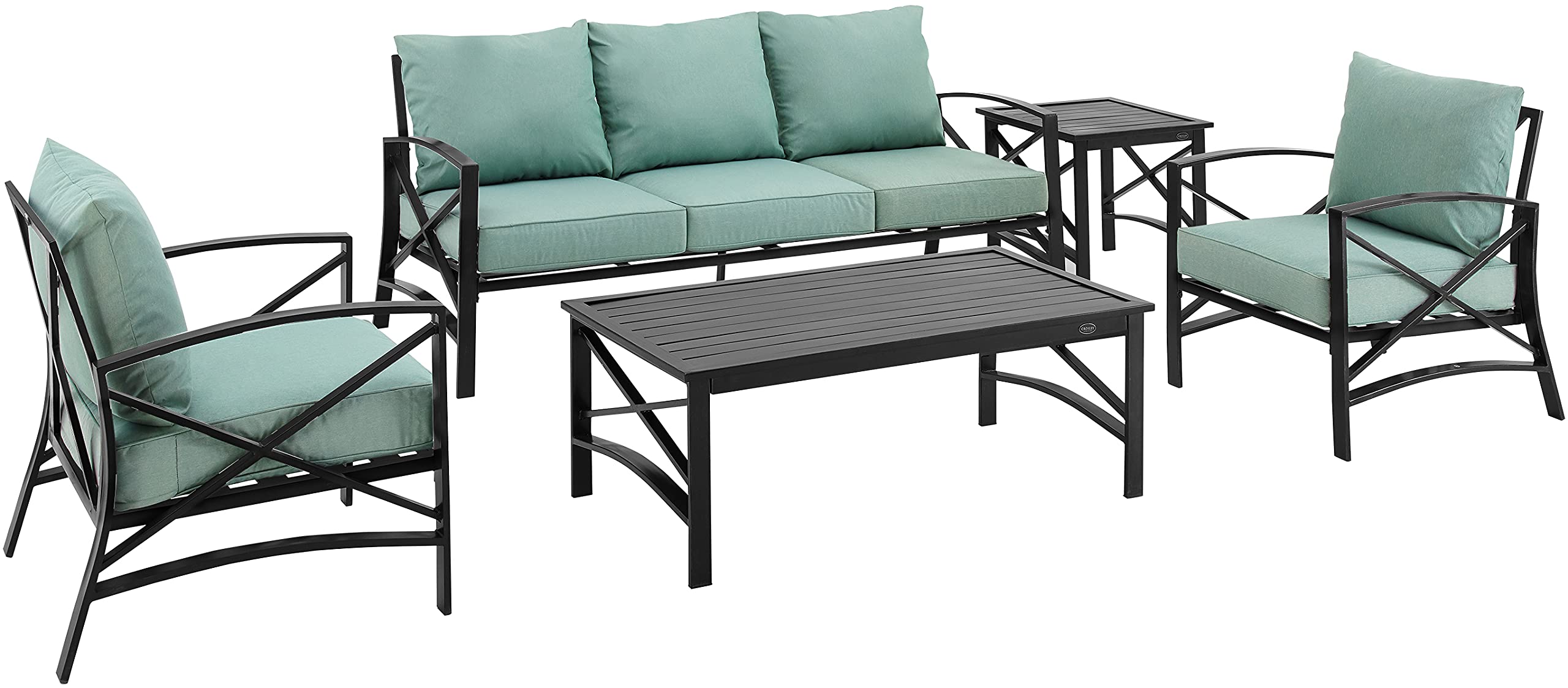 Crosley Furniture Kaplan 5-Piece Outdoor Sofa Patio Furniture Set, Conversation Sets For Porch, Deck, Oiled Bronze With Mist Cushions