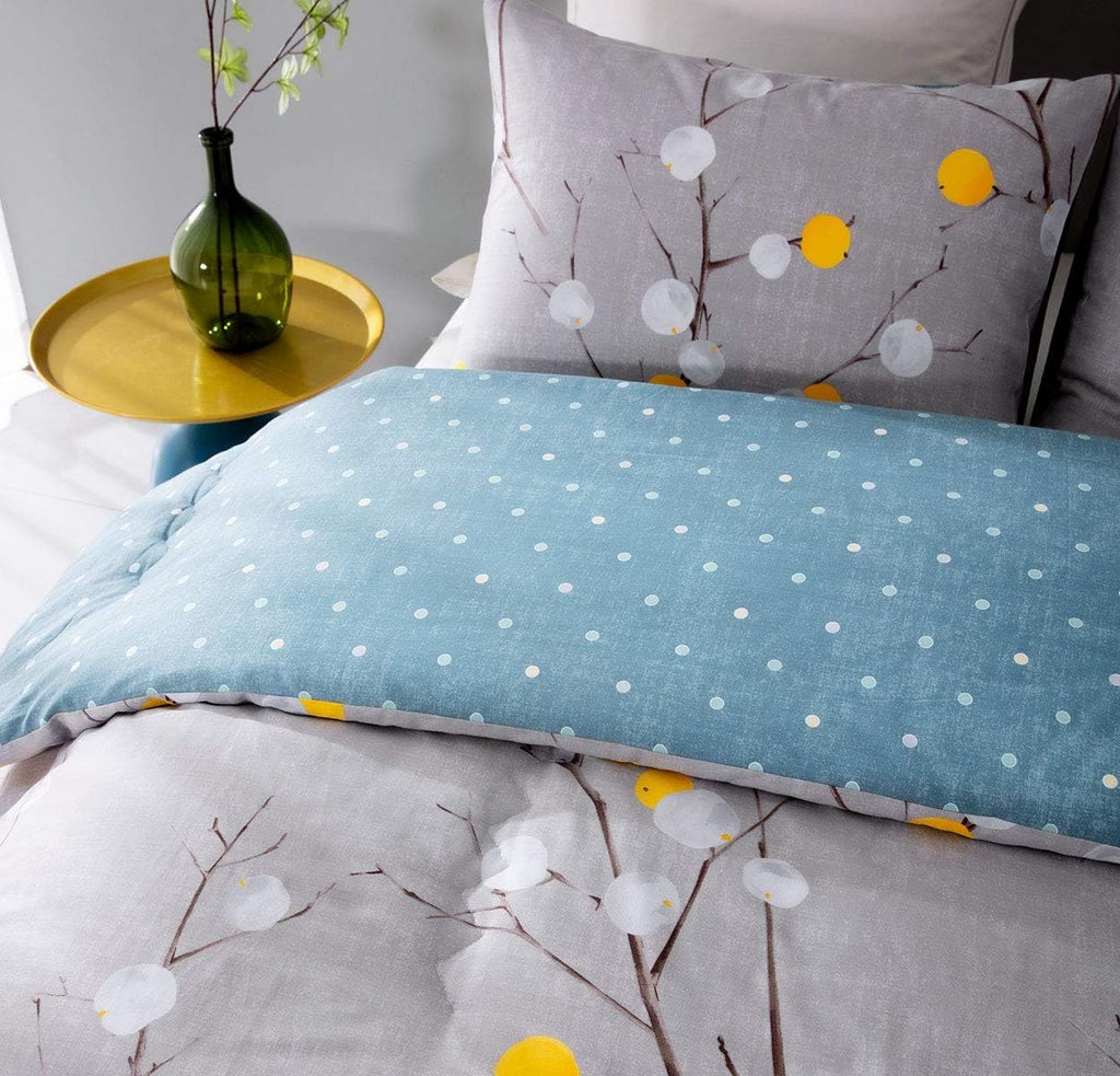 Sleepbella Comforter Twin Size, 600 Thread Count Cotton Grey Branch With Yellow Turquoise Polka Dot Pattern Green Reversible Com