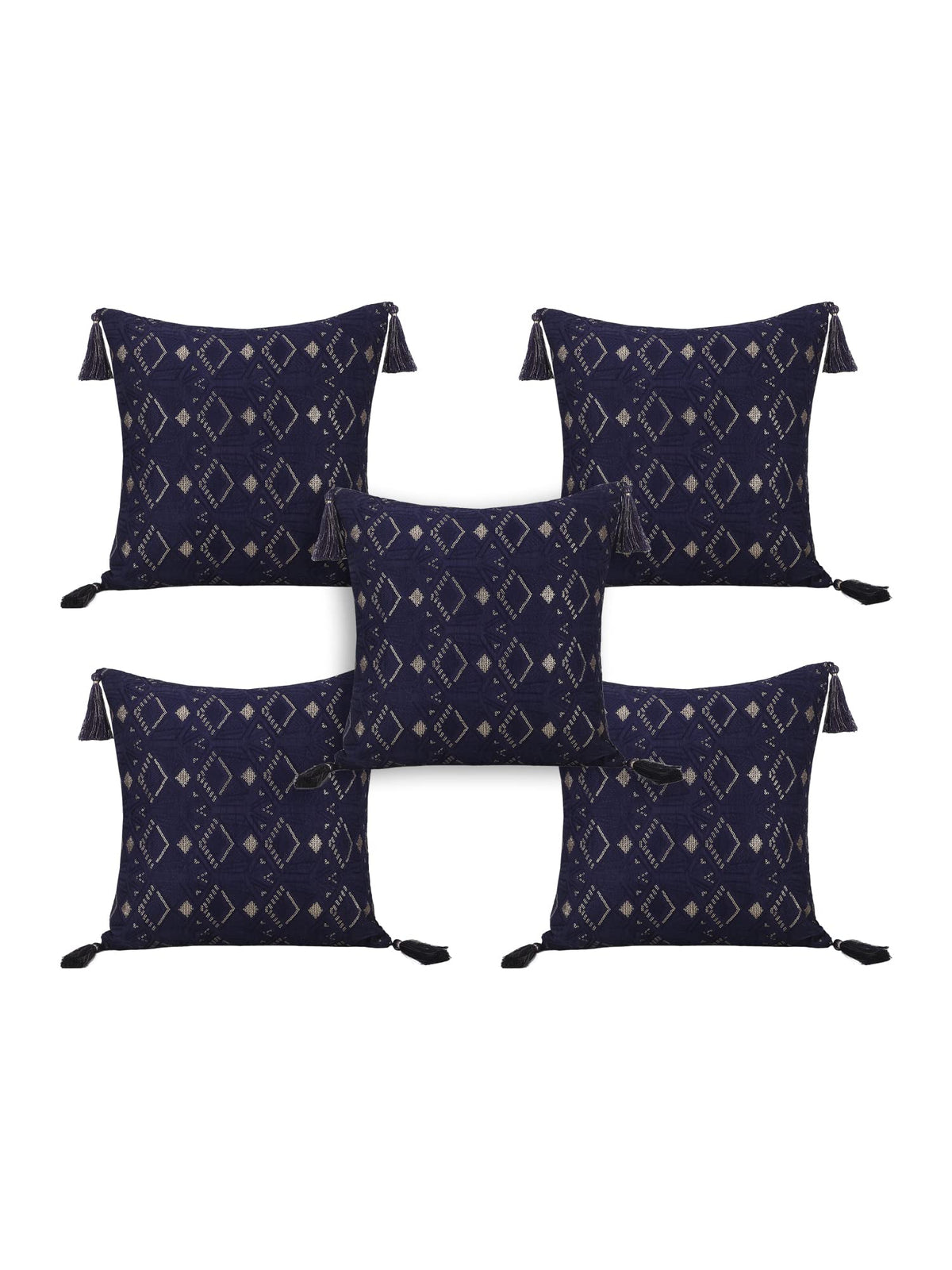 Mezposh Navy Blue & Gold Harlequin Embroidered Faux Silk Cushion Covers (16X16) Set Of 5
