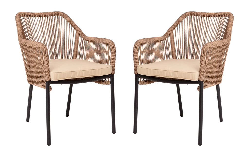 Flash Furniture Kallie Set of 2 Indoor/Outdoor Stacking Club Chairs with Arms - UV Resistant Woven Natural Seat - Ivory Zippered Cushions - Black Aluminum Frame