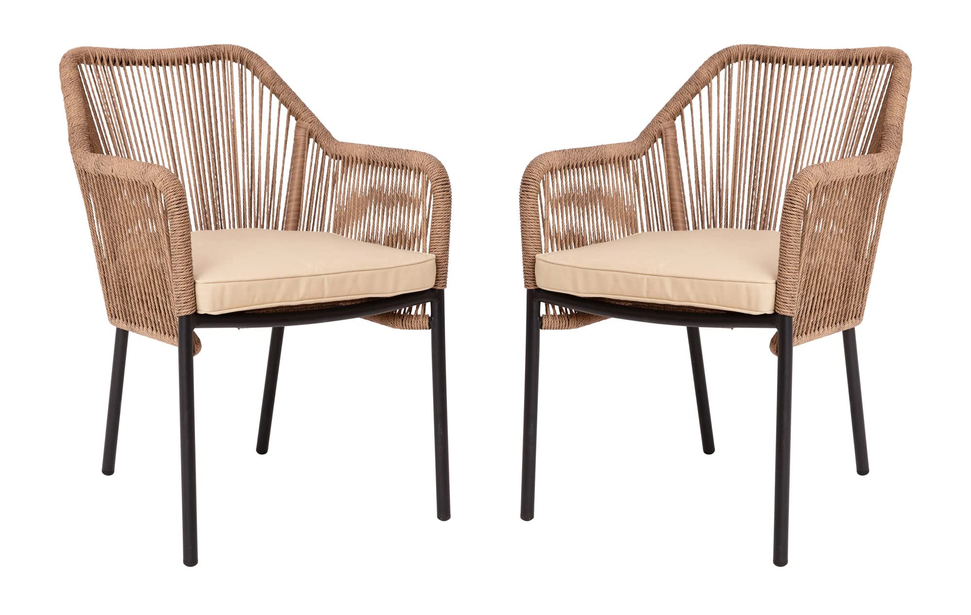 Flash Furniture Kallie Set of 2 Indoor/Outdoor Stacking Club Chairs with Arms - UV Resistant Woven Natural Seat - Ivory Zippered Cushions - Black Aluminum Frame