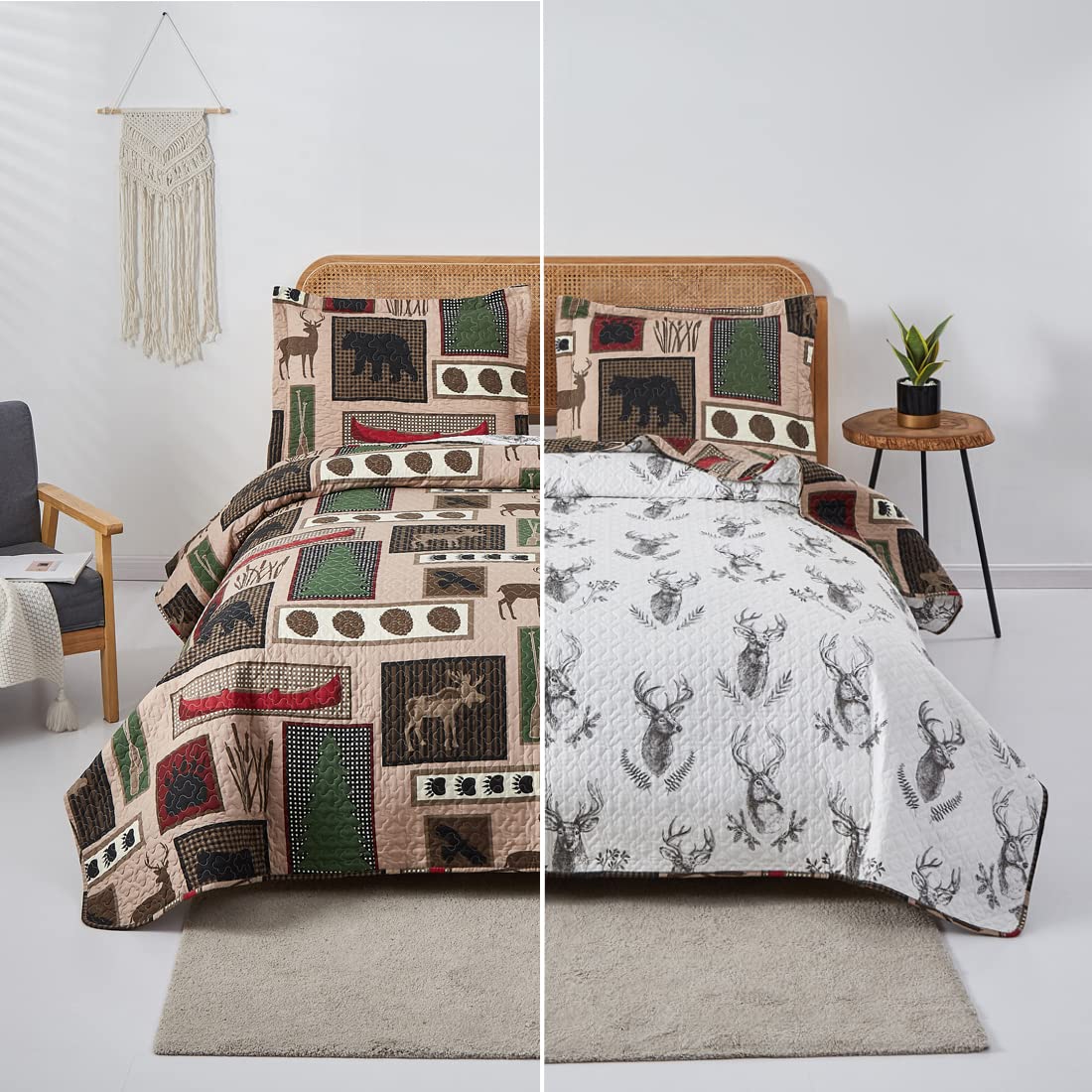 Reversible Home Rustic Bedding Lodge Moose Bear Quilt Set Full/Queen Size,3 Pcs Lightweight Cabin Bedspread Bear Paw Eagle Elk P