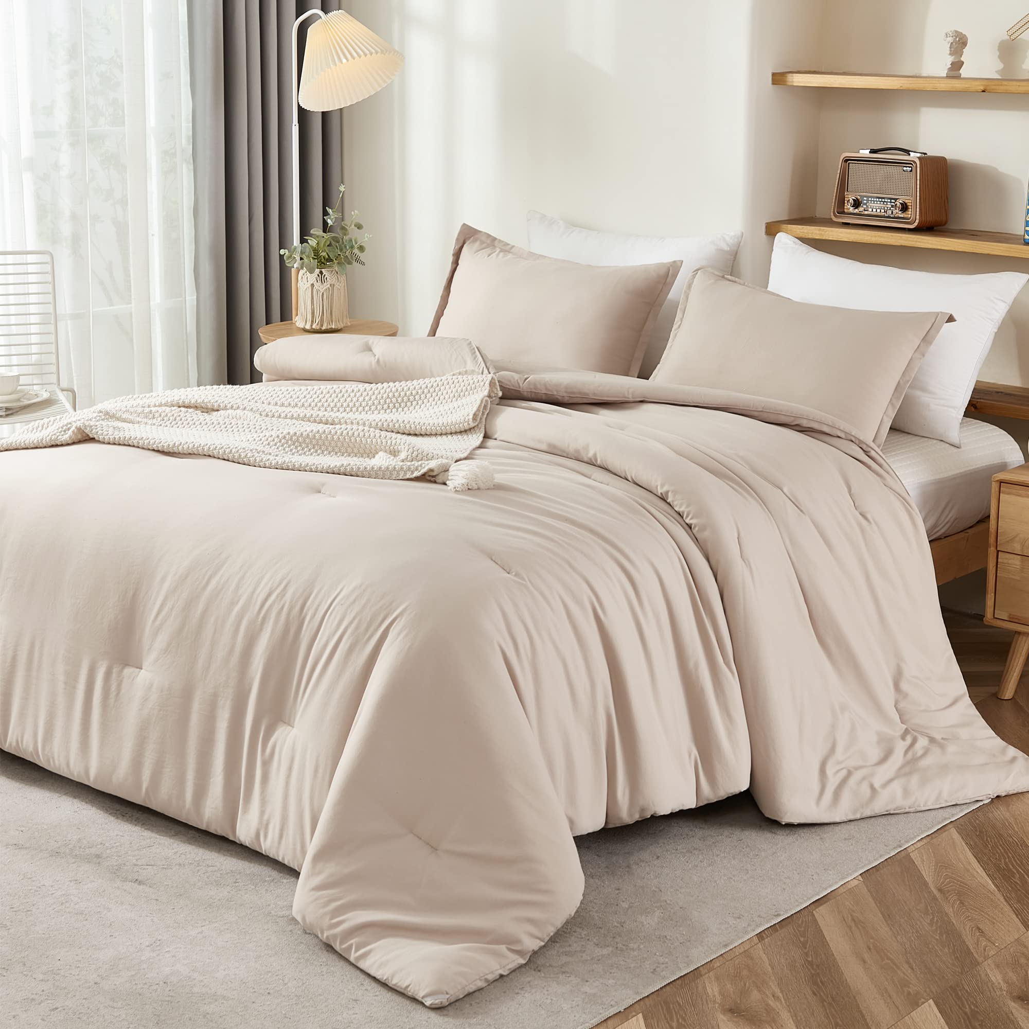 Litanika Khaki Comforter Set King Size, 3 Pieces Solid Bedding Comforter Set, All Season Down Alternative Bed Set (104X90In Comf