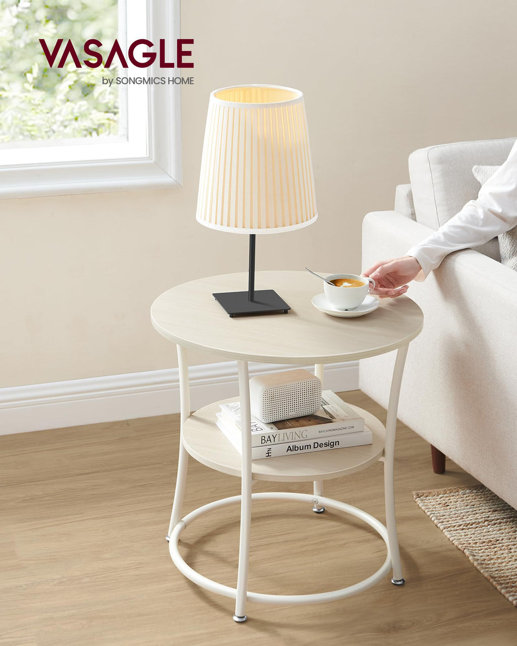 Vasagle Side Table, Round End Table With 2 Storage Shelves For Living Room, Bedroom, Nightstand With Steel Frame For Small Spaces, Accent Coffee Table, Natural Beige