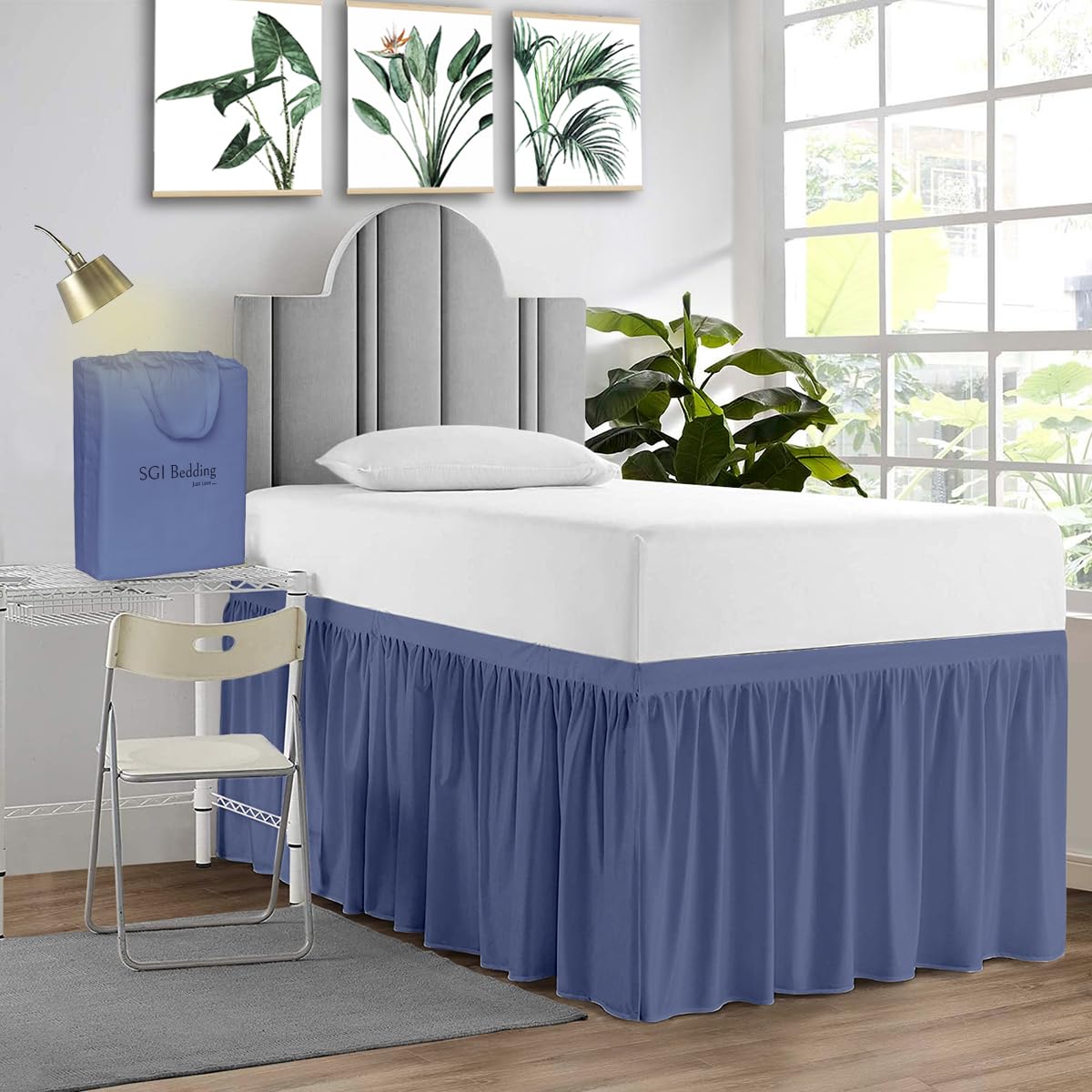 Sgi Bedding Dorm Bed Skirt Full Xl 34 Inch Drop Length - Mediterranean Blue, Ruffled Pattern College Dorm Room Bed Skirts - Spli