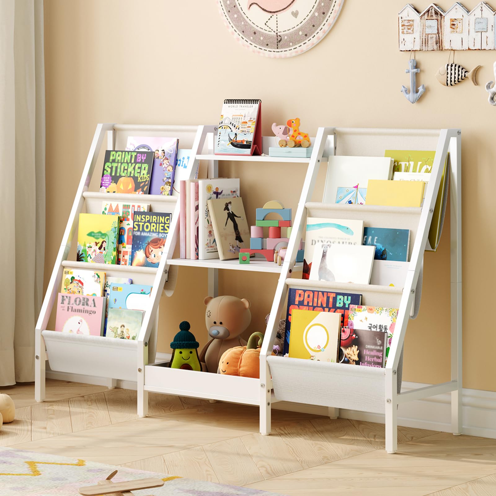MAHANCRIS Kids Bookshelf and Toy Organizer, 3-Tier Bookshelf for Kids, Sturdy Kids Bookcase with Storage, Toddler Book Shelf for