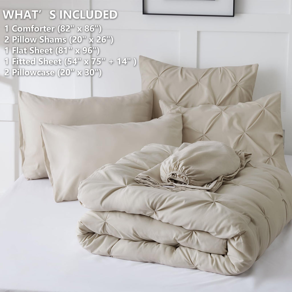 Himeet Bedding Sets Full 7 Pieces Bed Set Pintuck Bed In A Bag Full Size Comforter Sets Pinch Pleat Beige