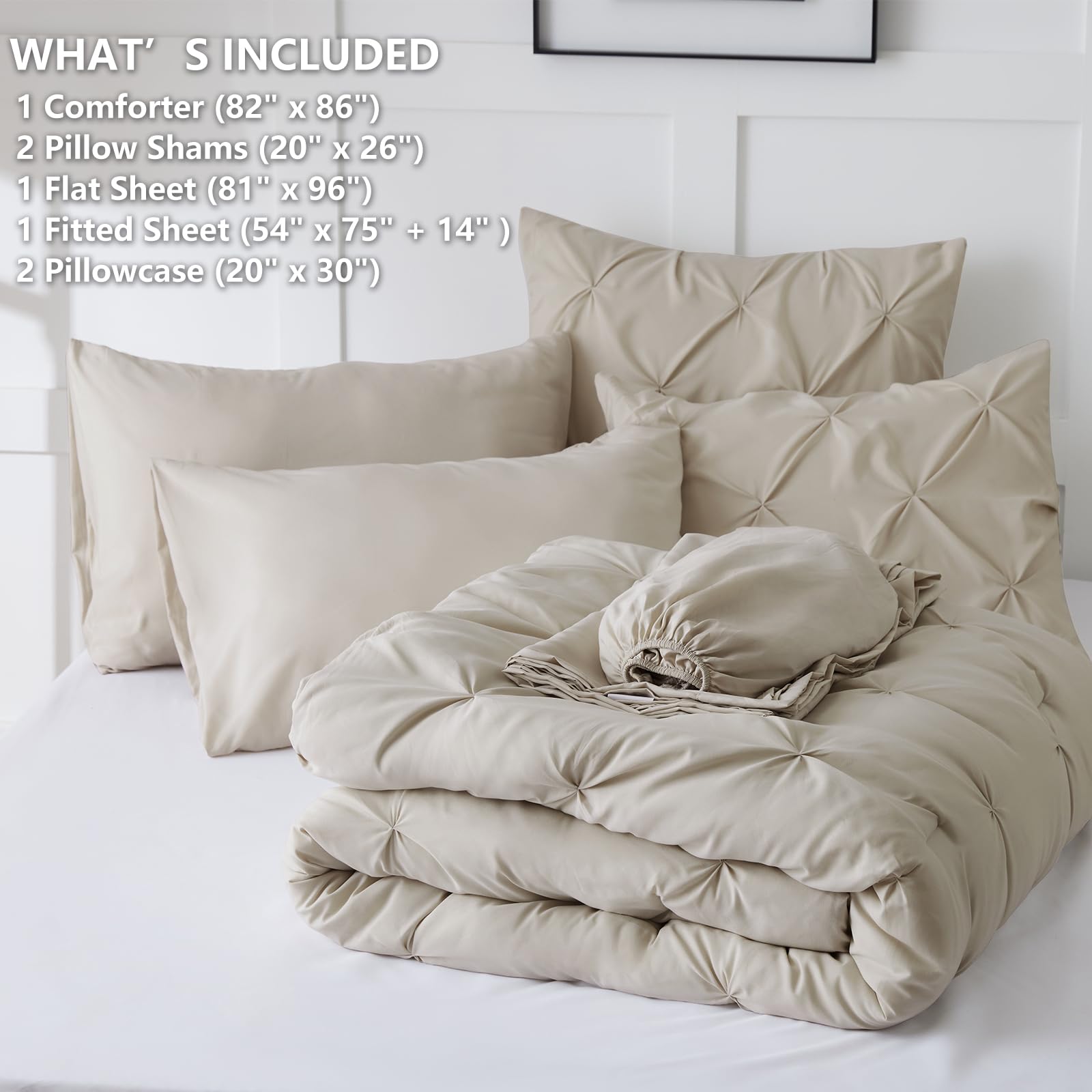 Himeet Bedding Sets Full 7 Pieces Bed Set Pintuck Bed In A Bag Full Size Comforter Sets Pinch Pleat Beige