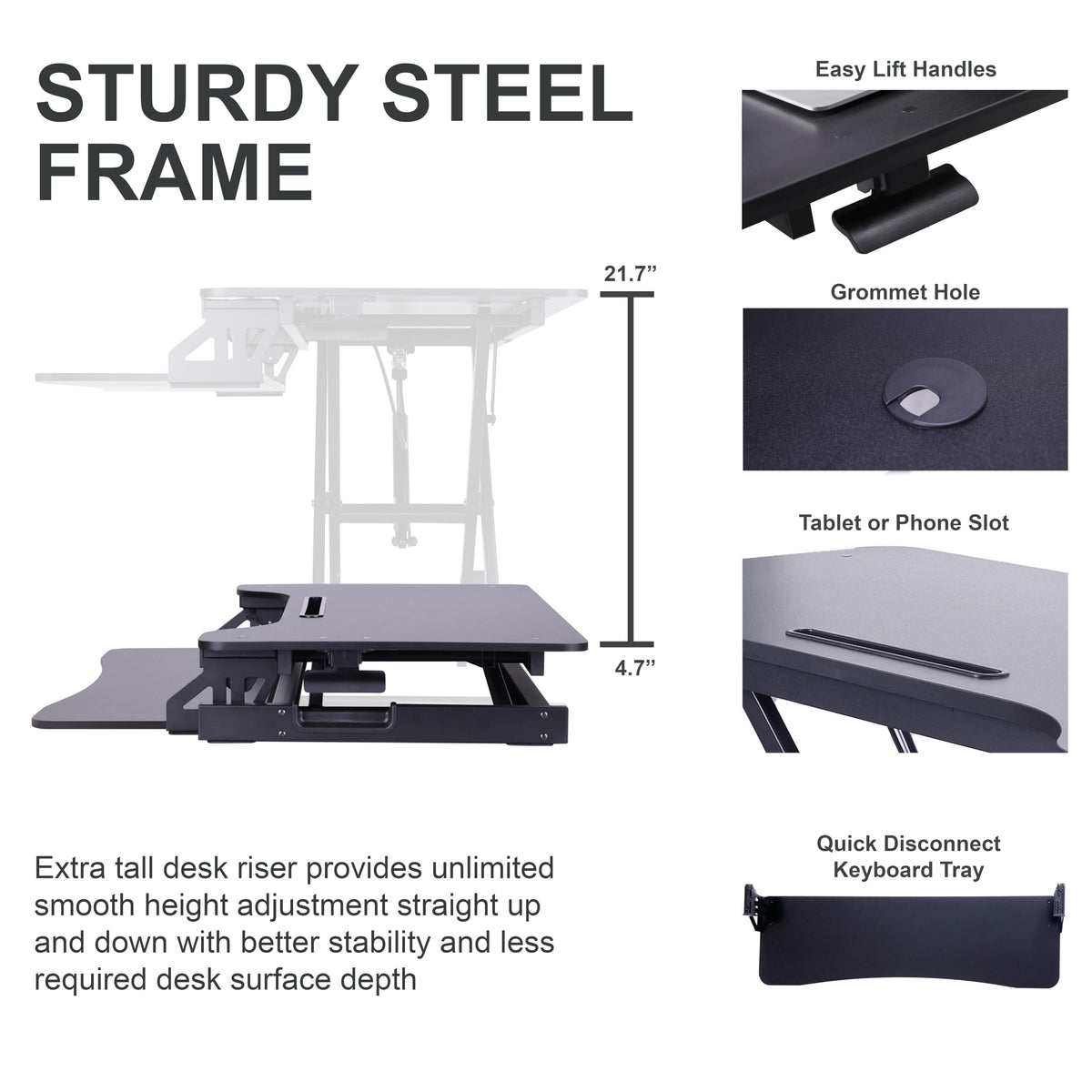 Rocelco 43" Height Adjustable Standing Desk Converter with Premium Dual Monitor Arm Mount - Tall Stand Up Tabletop Riser and Tablet Slot - Computer Workstation - Keyboard Tray - Black (R VADRB-43-MA2)