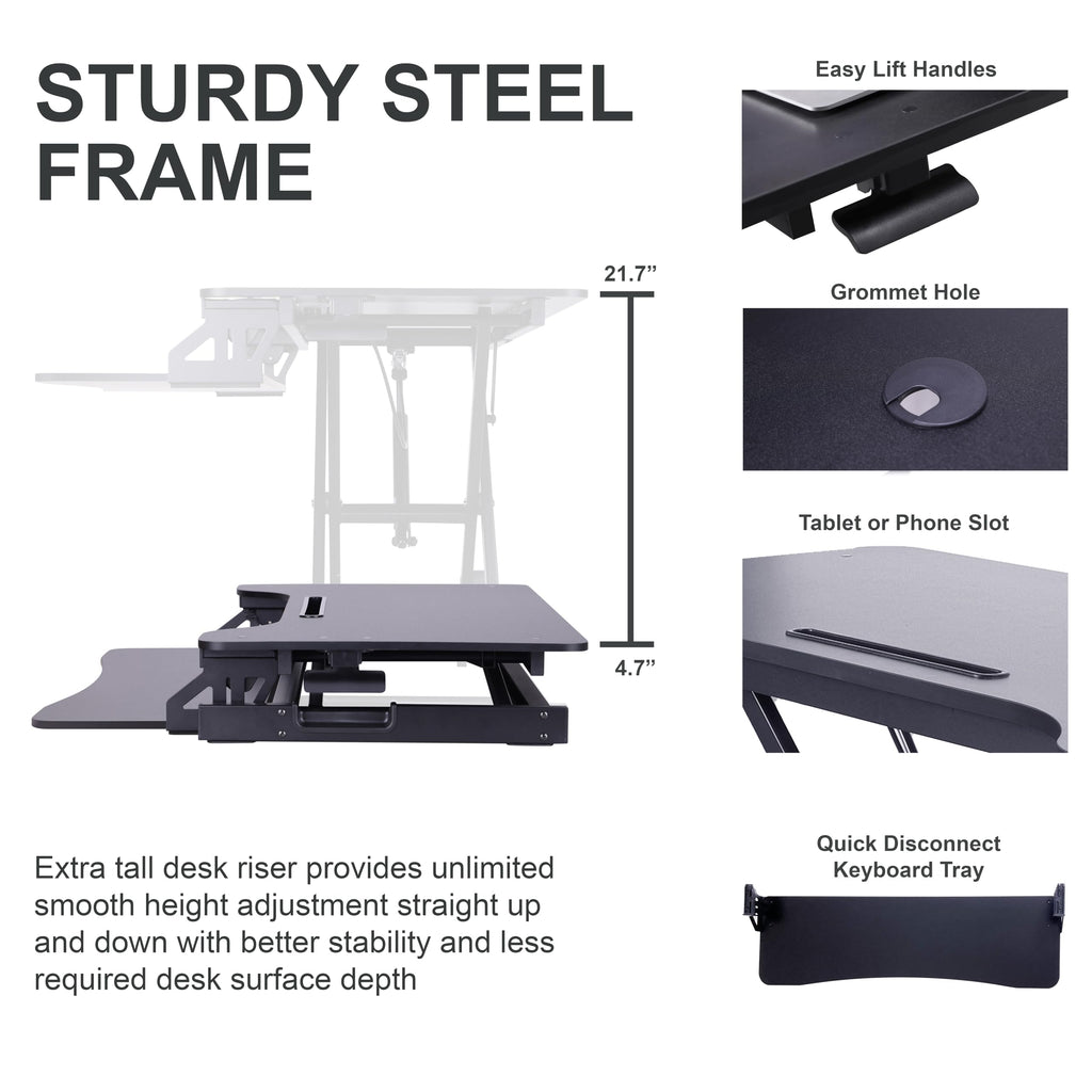 Rocelco 43" Height Adjustable Standing Desk Converter - Tall Sit Stand Up Tabletop Riser with Tablet Slot - Home Office Computer Workstation - Deep Keyboard Tray for Laptop Mouse - Black (R VADRB-43)