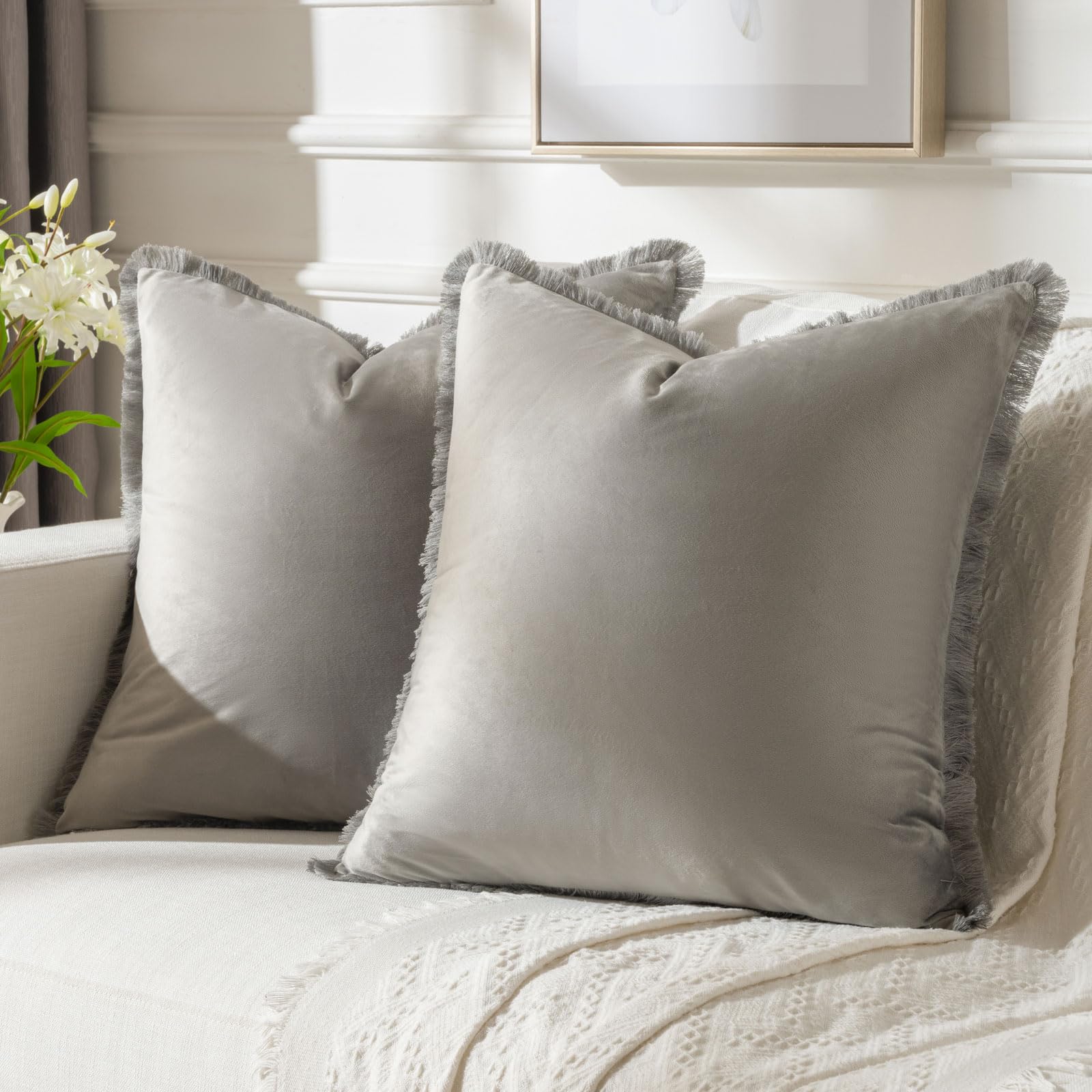 FUTEI Grey Boho Throw Pillow Covers with Tassels 24x24 Inch Set of 2,Soft Velvet Decorative Euro Pillow Shams,Home Decor for Cou