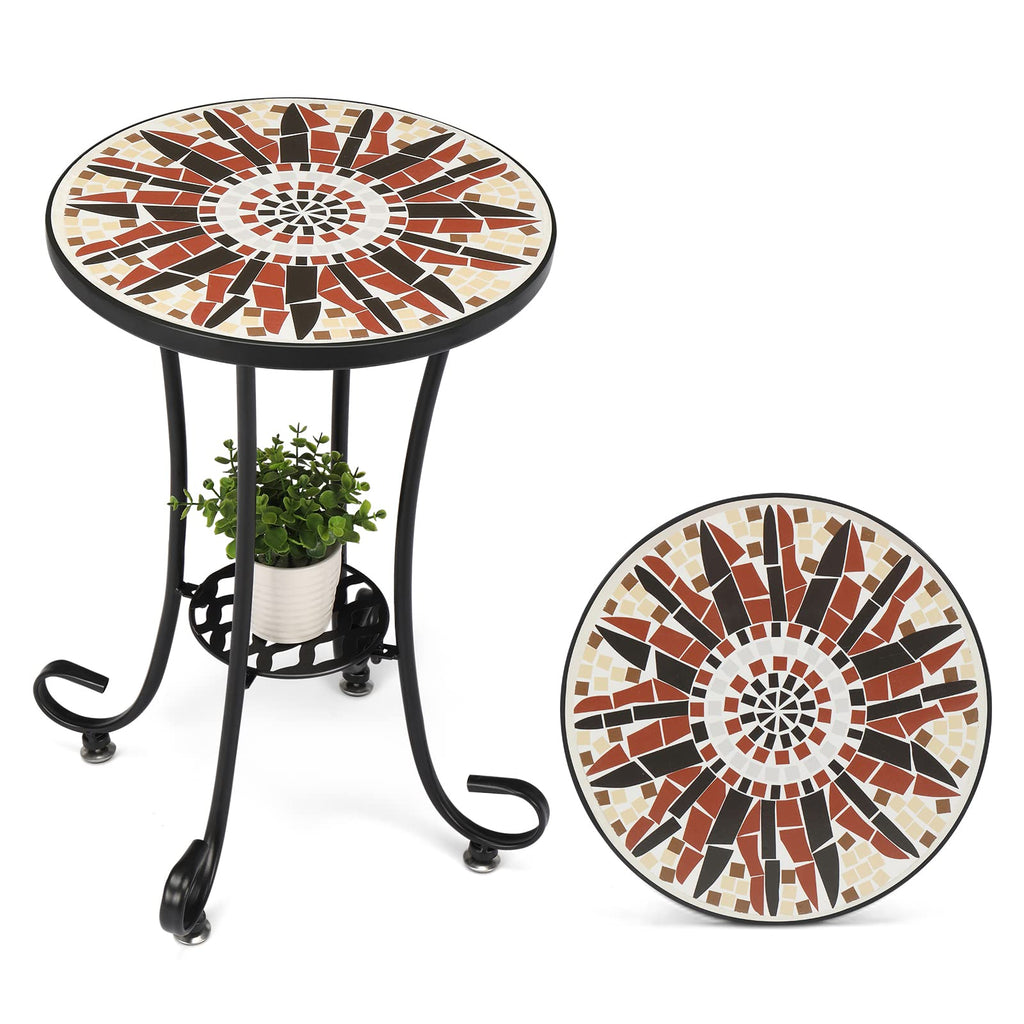 Vingli Mosaic Outdoor Side Table, 14' Round End Table, Accent Table, Ceramic Tile Top Black Iron,Brown Flower