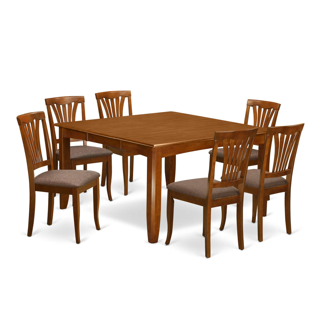 East West Furniture PFAV7-SBR-C 7 Piece Kitchen Table & Chairs Set Consist of a Square Dining Room Table with Butterfly Leaf and 6 Linen Fabric Dining Chairs, 54x54 Inch, Saddle Brown