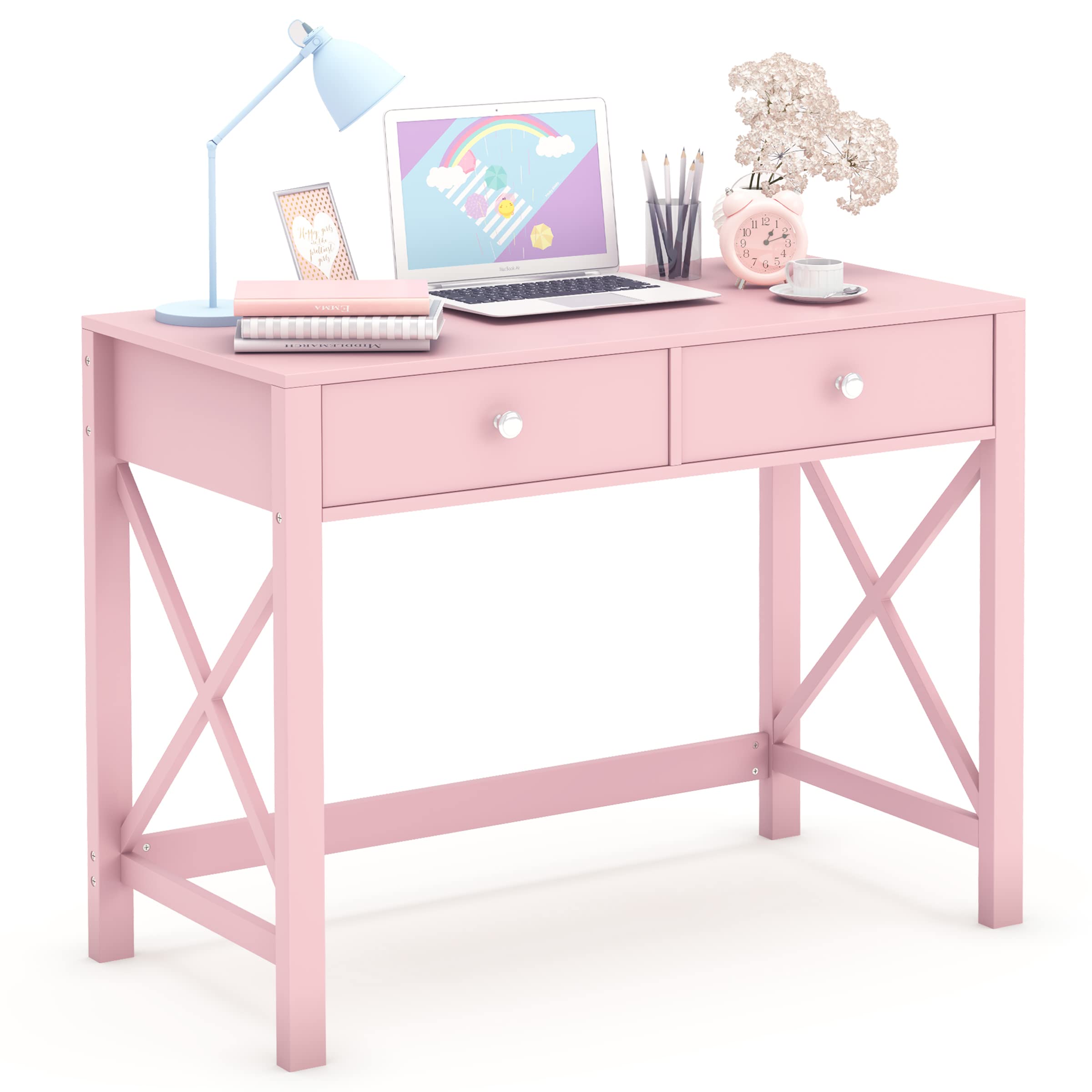 WiberWi Home Office Desk with Drawers, Modern Writing Computer Desk for Bedroom, Small Pink Makeup Vanity Table Desk for Girls, 