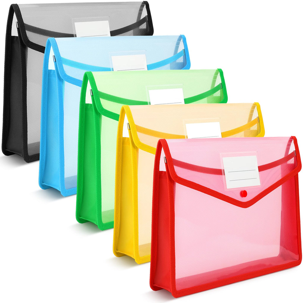 Umriox Plastic File Folders, 5 Pack A4 Poly Envelope Expanding File Wallet Document Folder With Snap Button Closure & Label Pock