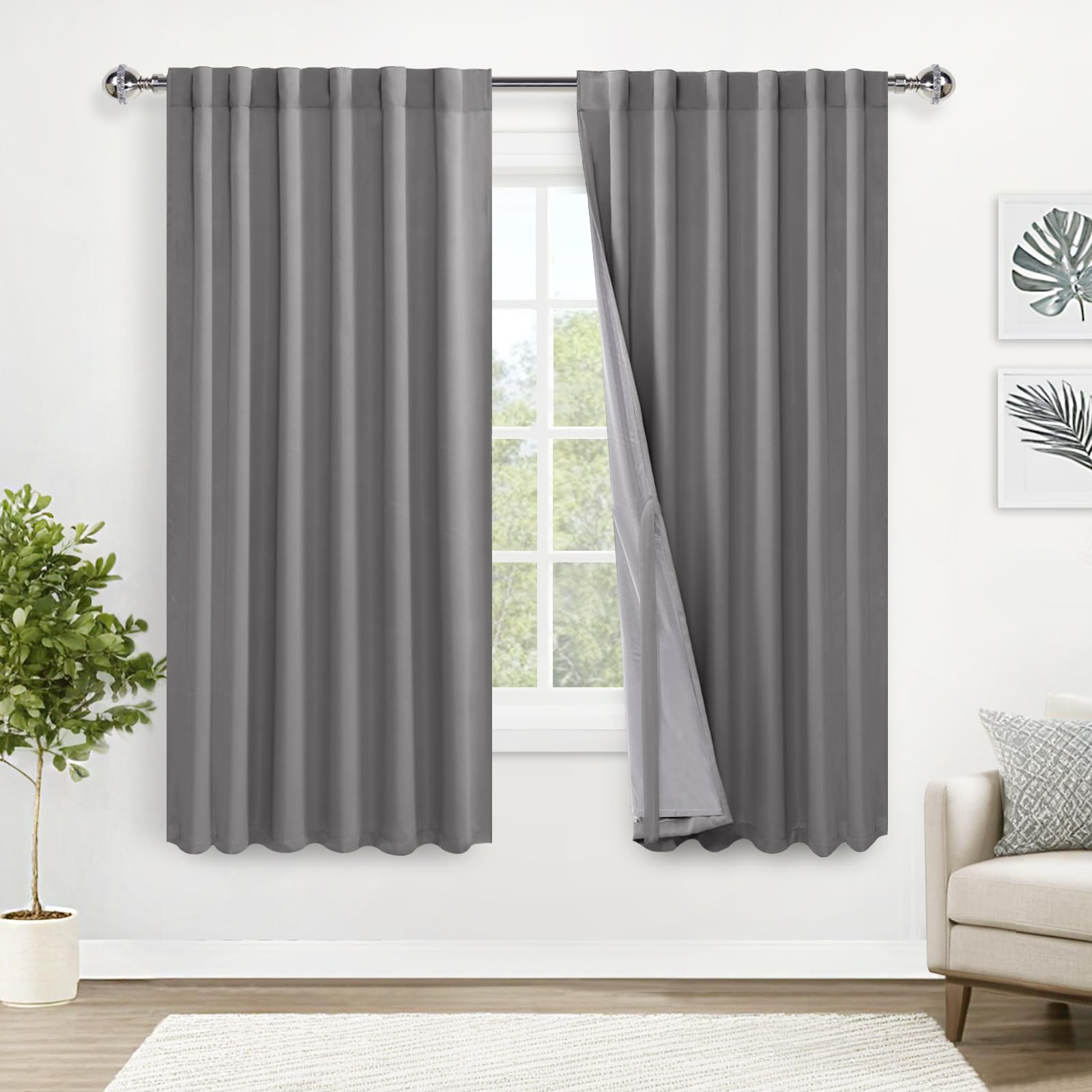Xwzo Total Blackout Curtains 63 Inches Long - Rod Pocket/Back Tab Double Layer Full Room Darkening & Energy Saving Window Panels