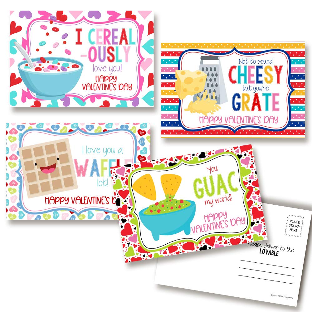 Silly Food-Themed Puns Happy Valentine'S Day Blank Postcards To Send To Friends & Family, 4'X6' Fill In Notecards (4 Different