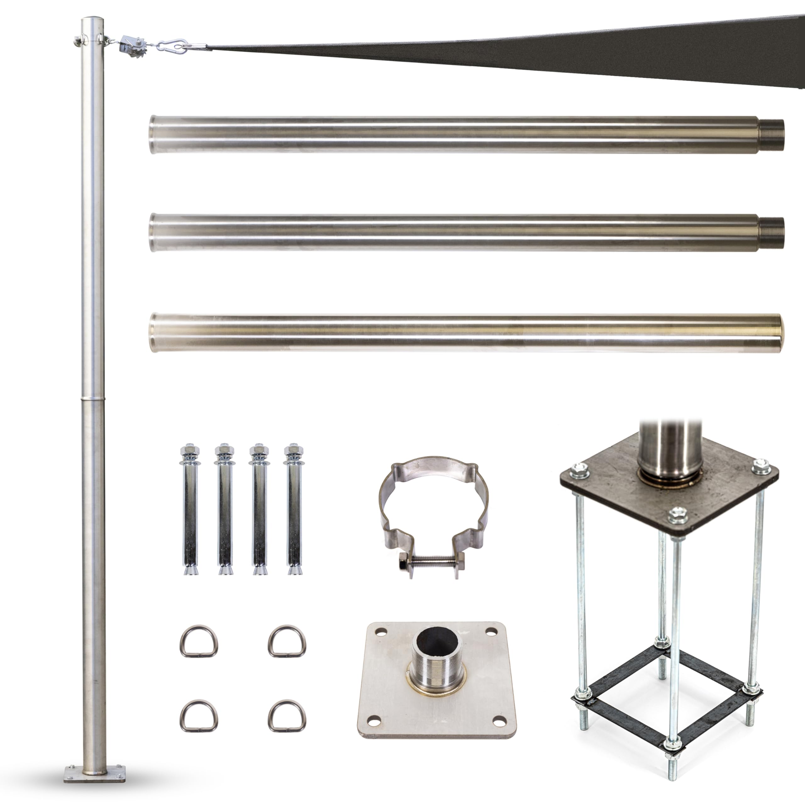 Shademart 12 Ft Stainless Steel Pole With Reinforced Base Frame, Base Plate & Height - Adjustable Mounting Clamp - Easy Installa