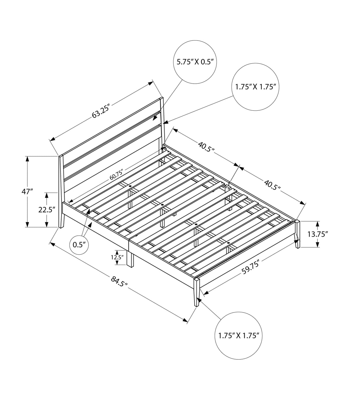 Monarch Specialties I 6066Q Bed, Queen Size, Frame Only, Platform Bed, Bedroom, Walnut Solid Wood Legs, Walnut Wood Frame, Contemporary, Modern