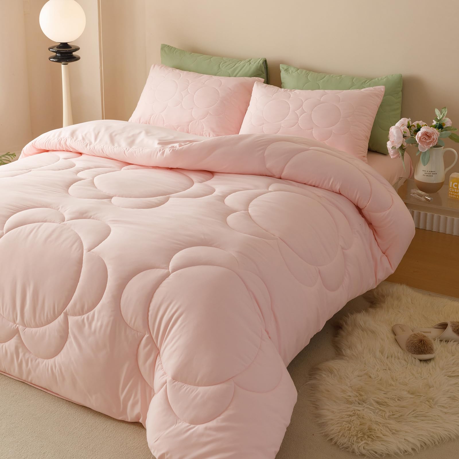 Clothknow Queen Pink Comforter Set 3Pcs Daisy Puff Bedding Comforter Sets Pink Floral Queen Comforter Soft Pink Queen Size Comforter Sets