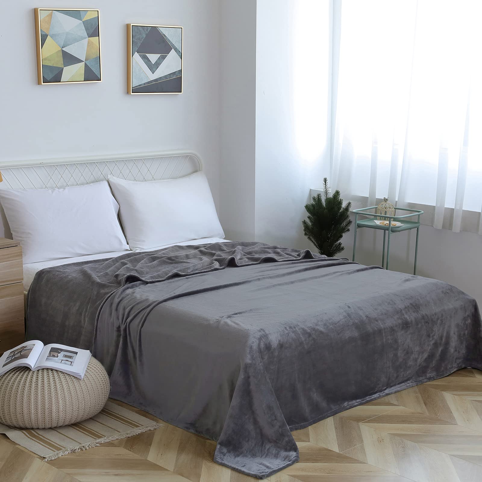 Sochow Flannel Fleece Blanket Queen Size, All Season Lightweight Super Soft Cozy Blanket For Bed Or Couch, Grey, 90X90 Inches