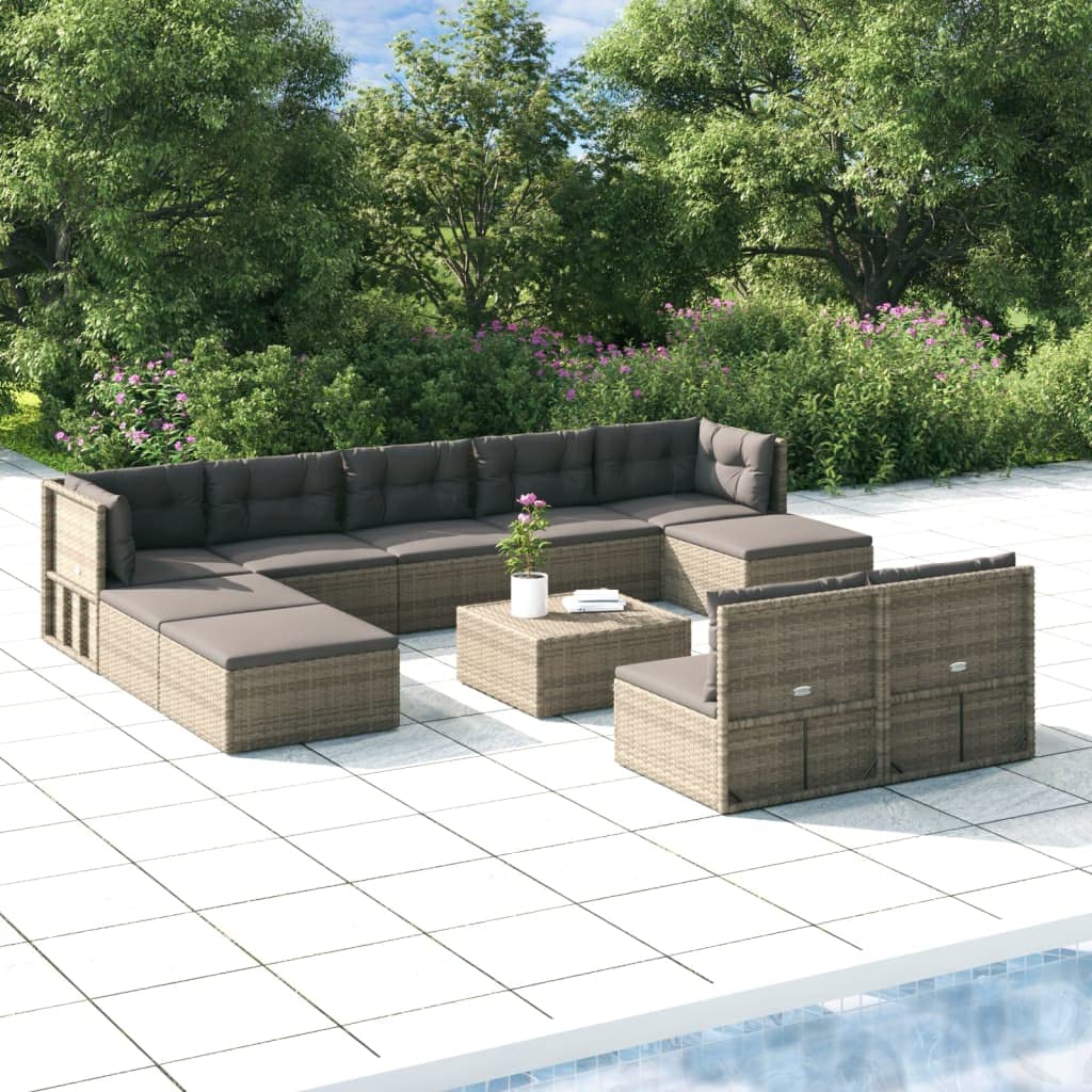 vidaXL Patio Furniture Set 10 Piece, Outdoor Loveseat with Cushions, Patio Lounge Set for Outdoor Garden Lawn Backyard, Gray Poly Rattan