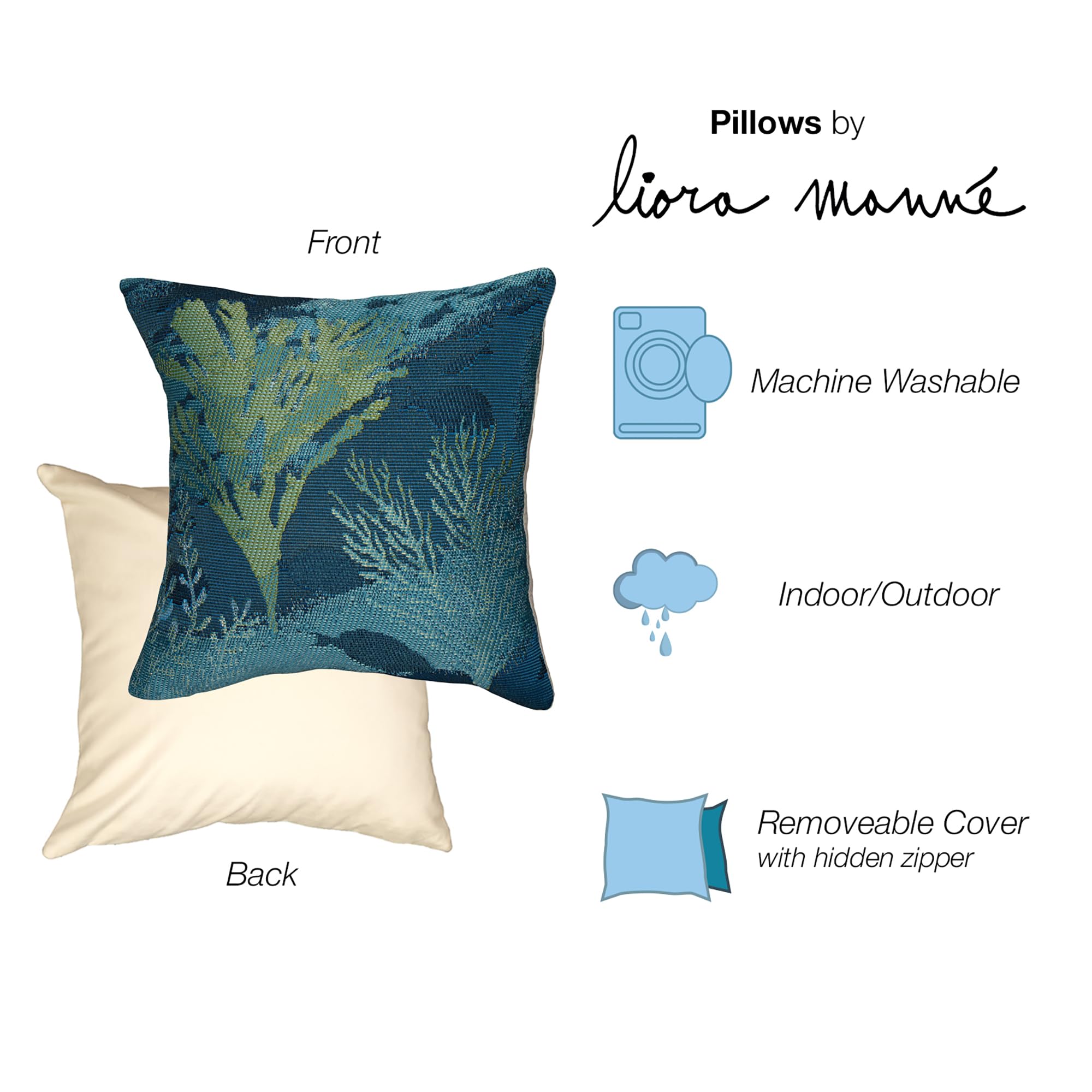 Liora Manne Marina Indoor/Outdoor Power Loomed Easy Care Pillows, 18 X 18-Inch, Coral Garden Lapis