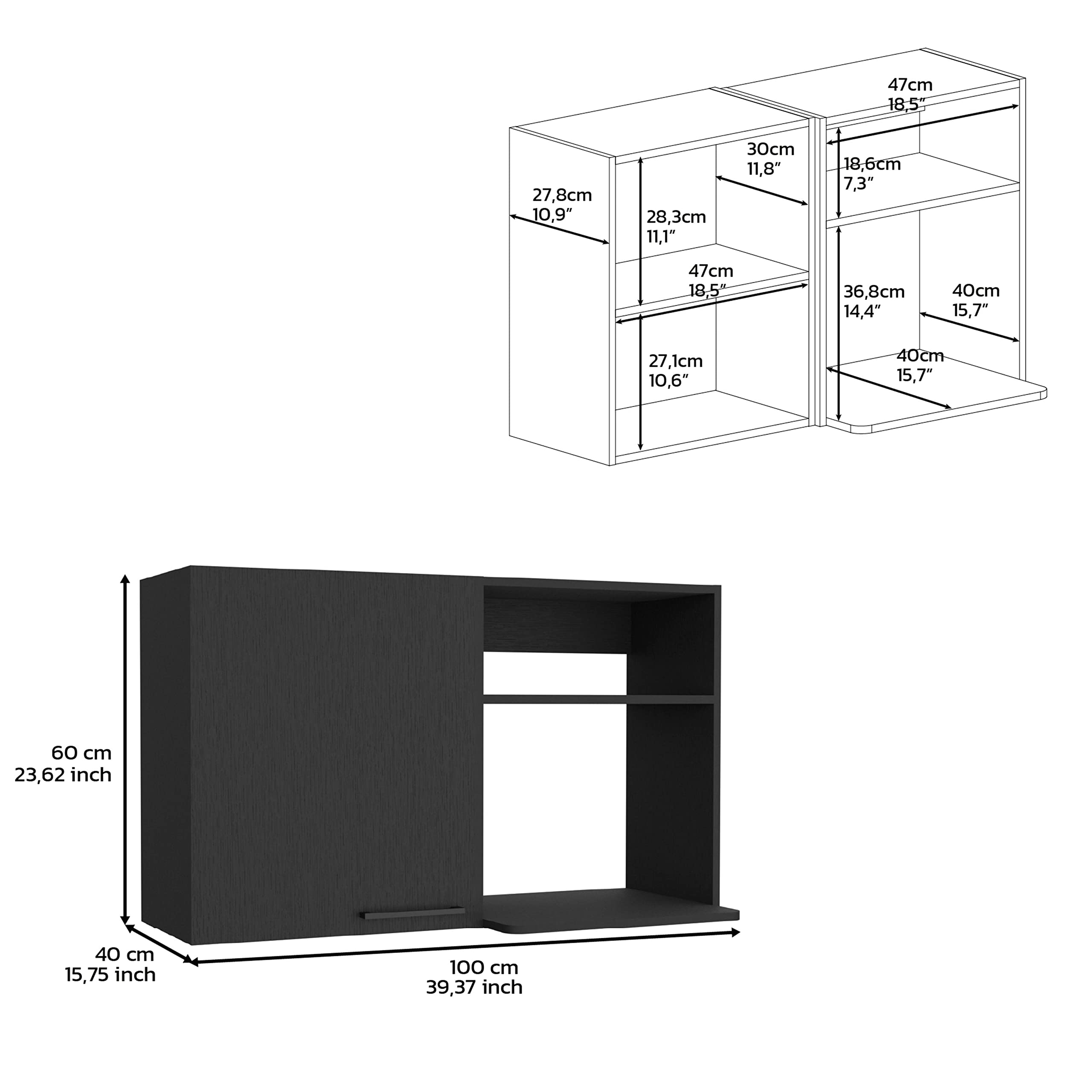 Stackable Wall Storage Cabinet 24&Quot; H, 2 Internal Shelves, 2 External Storage Shelves, 1 Door, Black