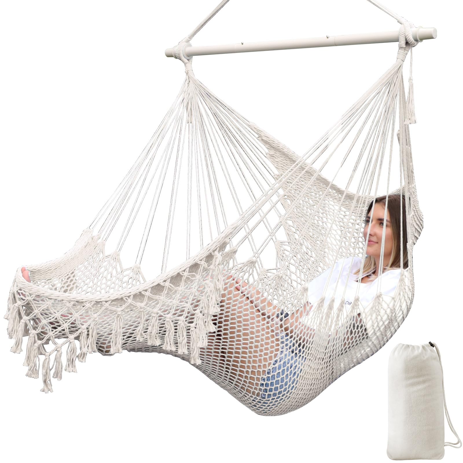 Chihee Hammock Chair Super Large Hanging Chair Soft-Spun Cotton Rope Weaving Chair, Collapsible Strong Metal Spreader Bar Wide S