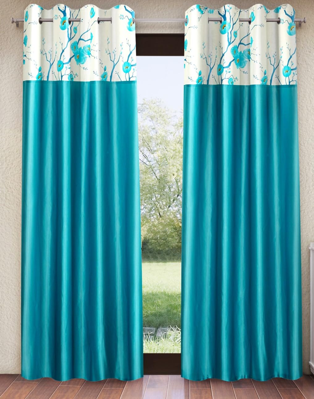 Fashion String 2 Pieces 3D Tulip Patch Grommet Polyester Long Door Curtains  9 Feet, Aqua