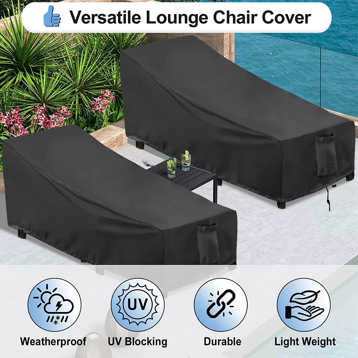 Outdoorlines Outdoor Waterproof Patio Chaise Lounge Chair Cover - Uv Resistant Lounger Covers Heavy Duty Weatherproof Patio Sofa Furniture Covers, 2 Packs, 84Wx32Dx32H Inches, Black