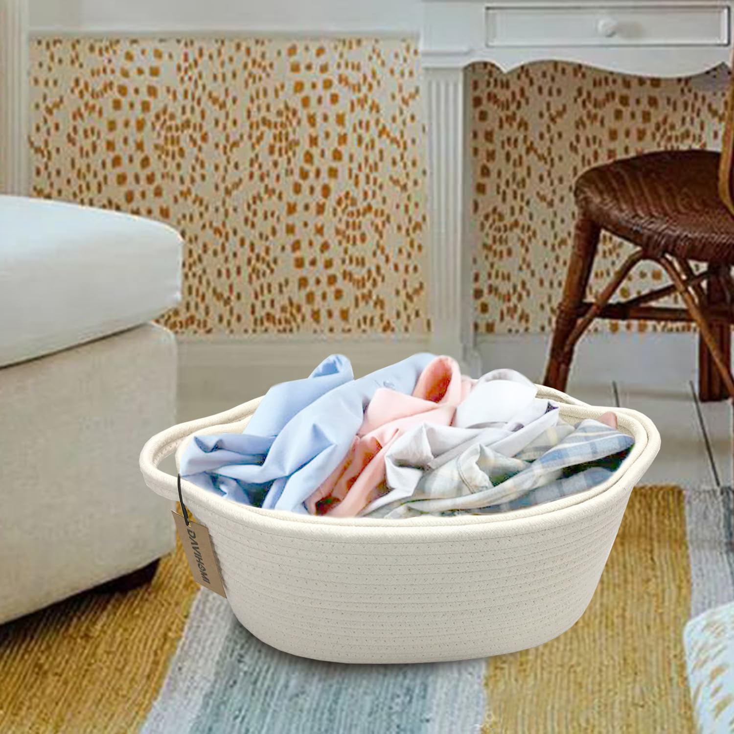 Davihomi 2-Piece Small Woven Storage Basket For Organizing|Cotton Rope Basket For Closet Shelving Storage|Gift Basket For Empty