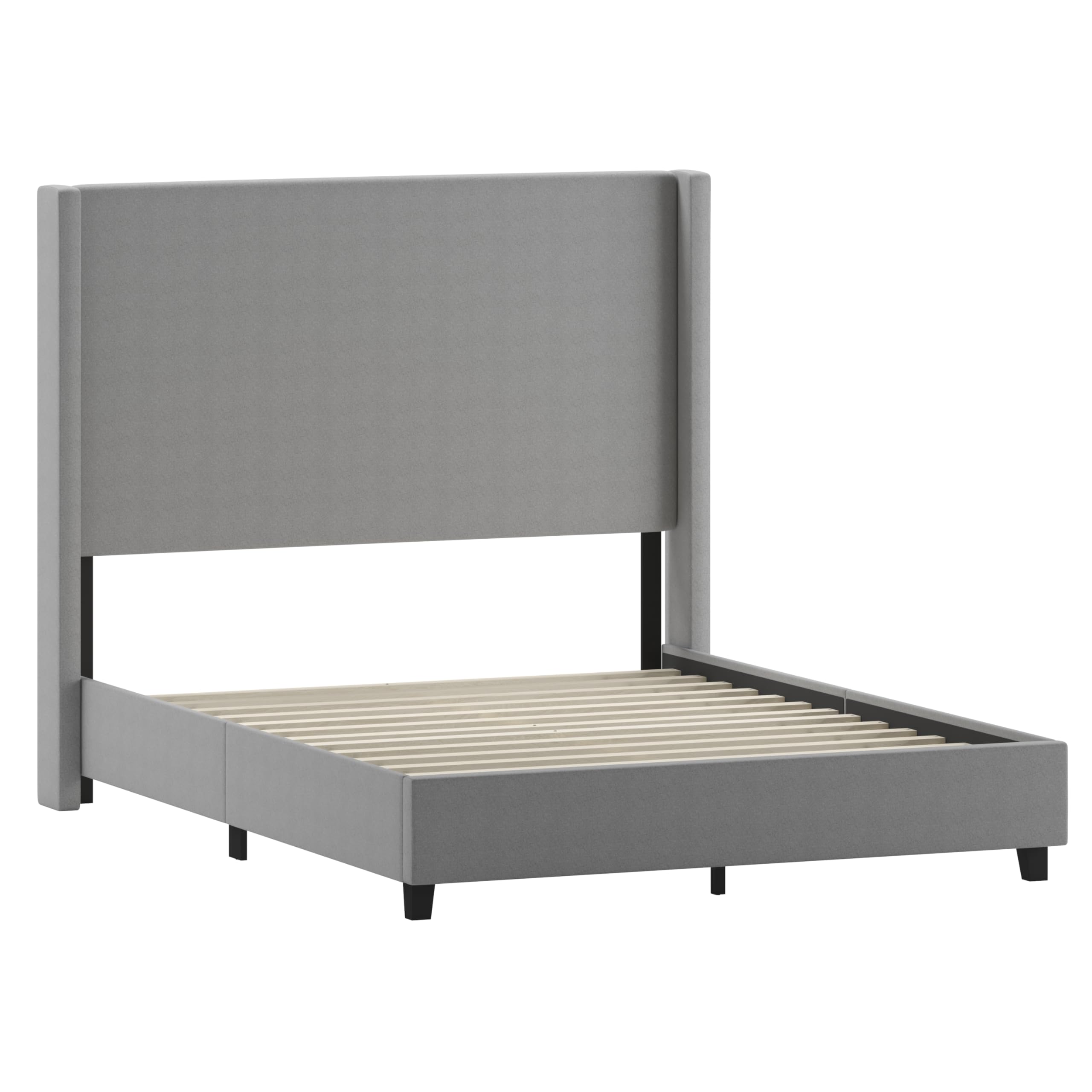 Flash Furniture Quinn Upholstered Platform Bed - Gray Channel Stitched Wingback Headboard - Queen - Mattress Foundation with Slatted Supports - No Box Spring Needed