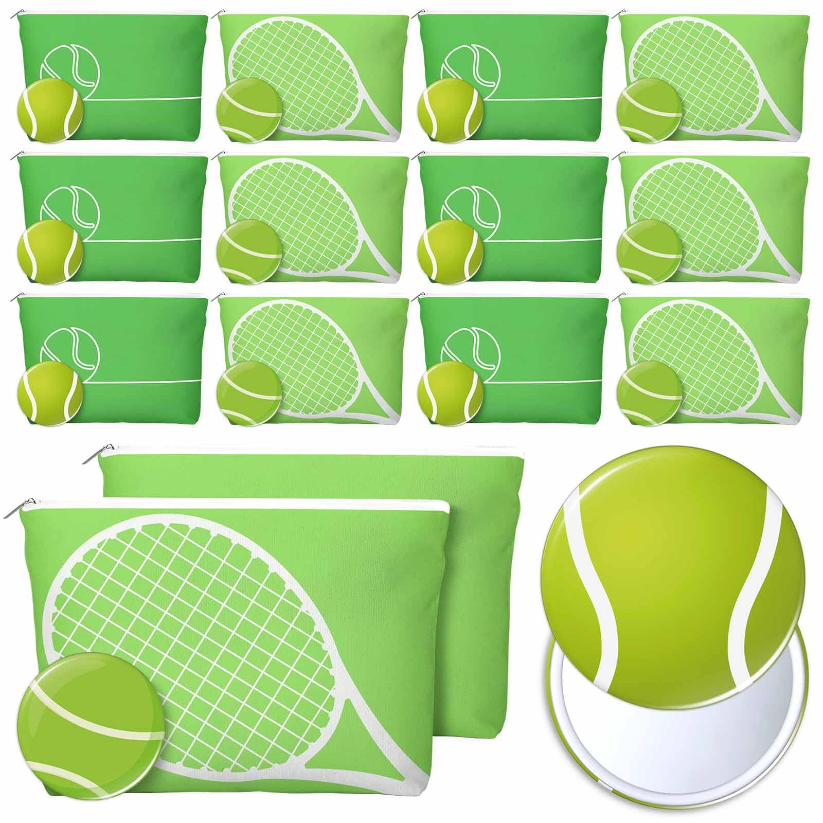 Kacctyen 24 Pcs Tennis Lovers Gifts for Women Tennis Themed Canvas Makeup Bags Compact Mirrors Accessories for Girl Bulk Party F