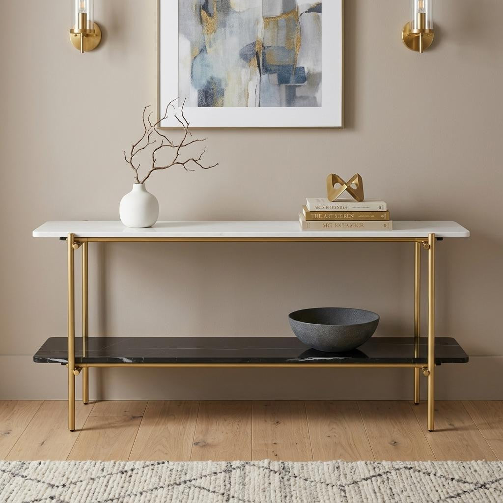 72 Black White And Gold Genuine Marble and Metal Console Table With Shelf