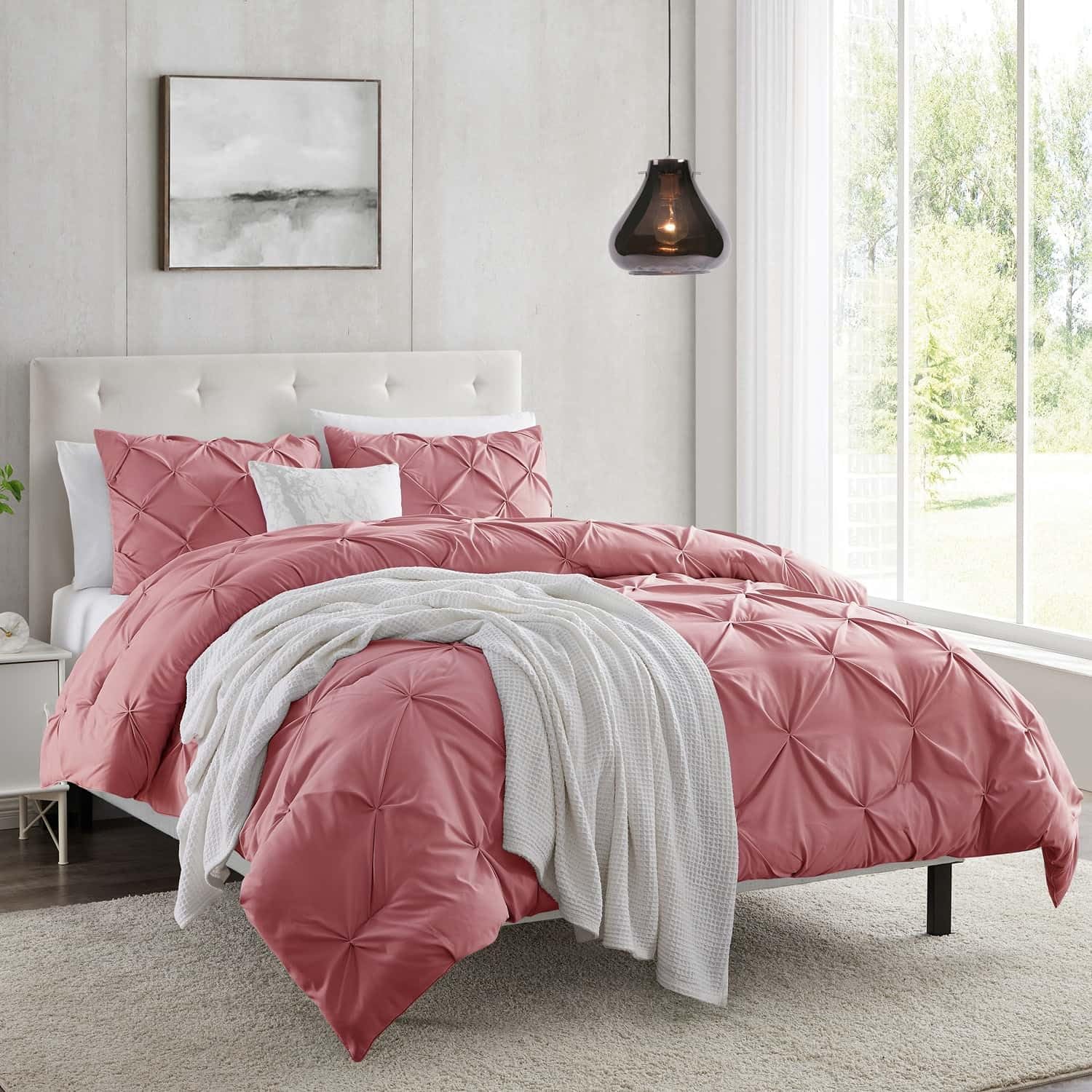 Nestl Mauve Duvet Cover King Size - Pintuck King Duvet Cover Set, 3 Piece Double Brushed Duvet Cover With Button Closure, 1 Pinc