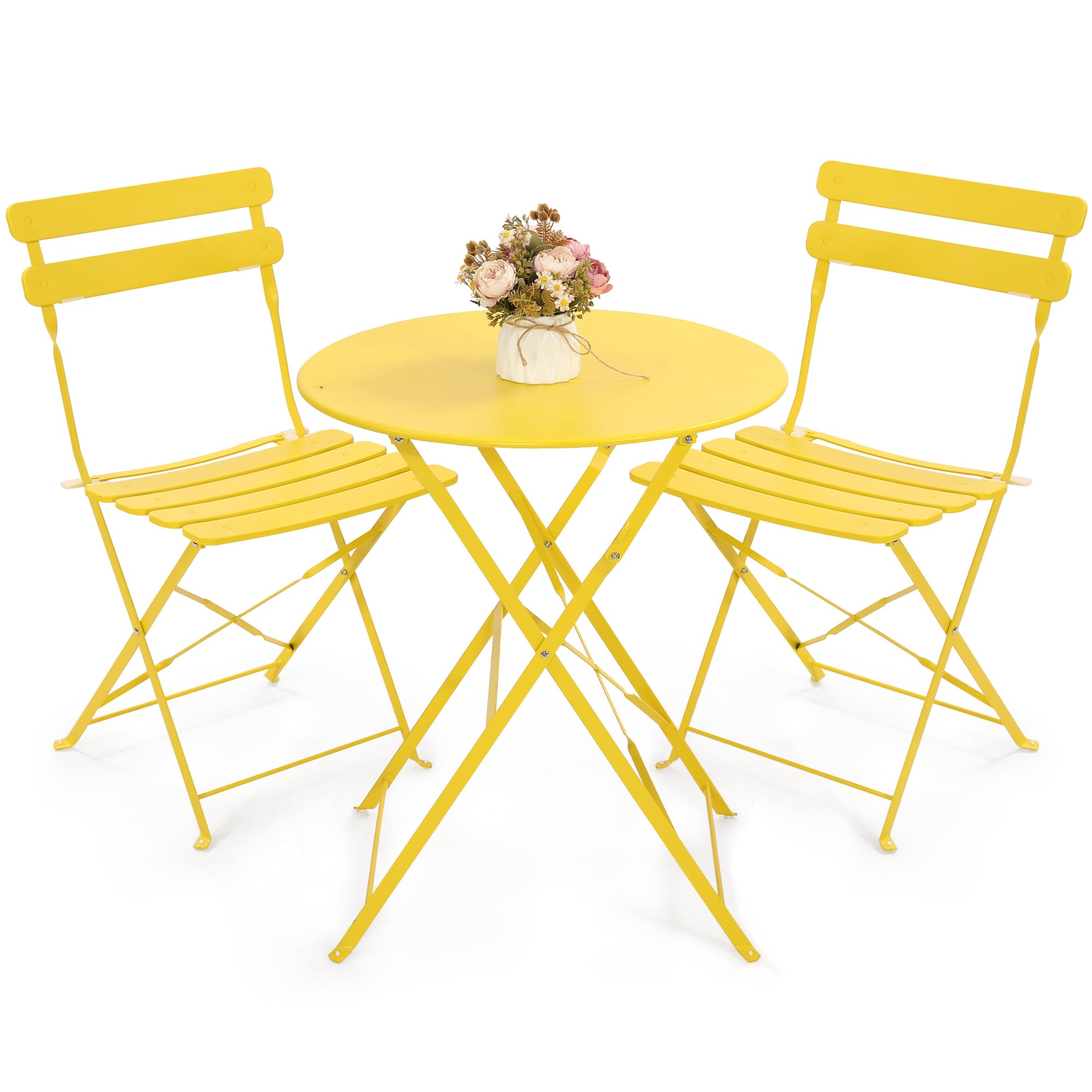 Kromax Outdoor Patio Bistro Set, Bistro Table And Chairs Set Of 2, Folding Bistro Table And Chairs Set, 3 Piece Folding Patio Furniture Set, Space Saving, Yellow