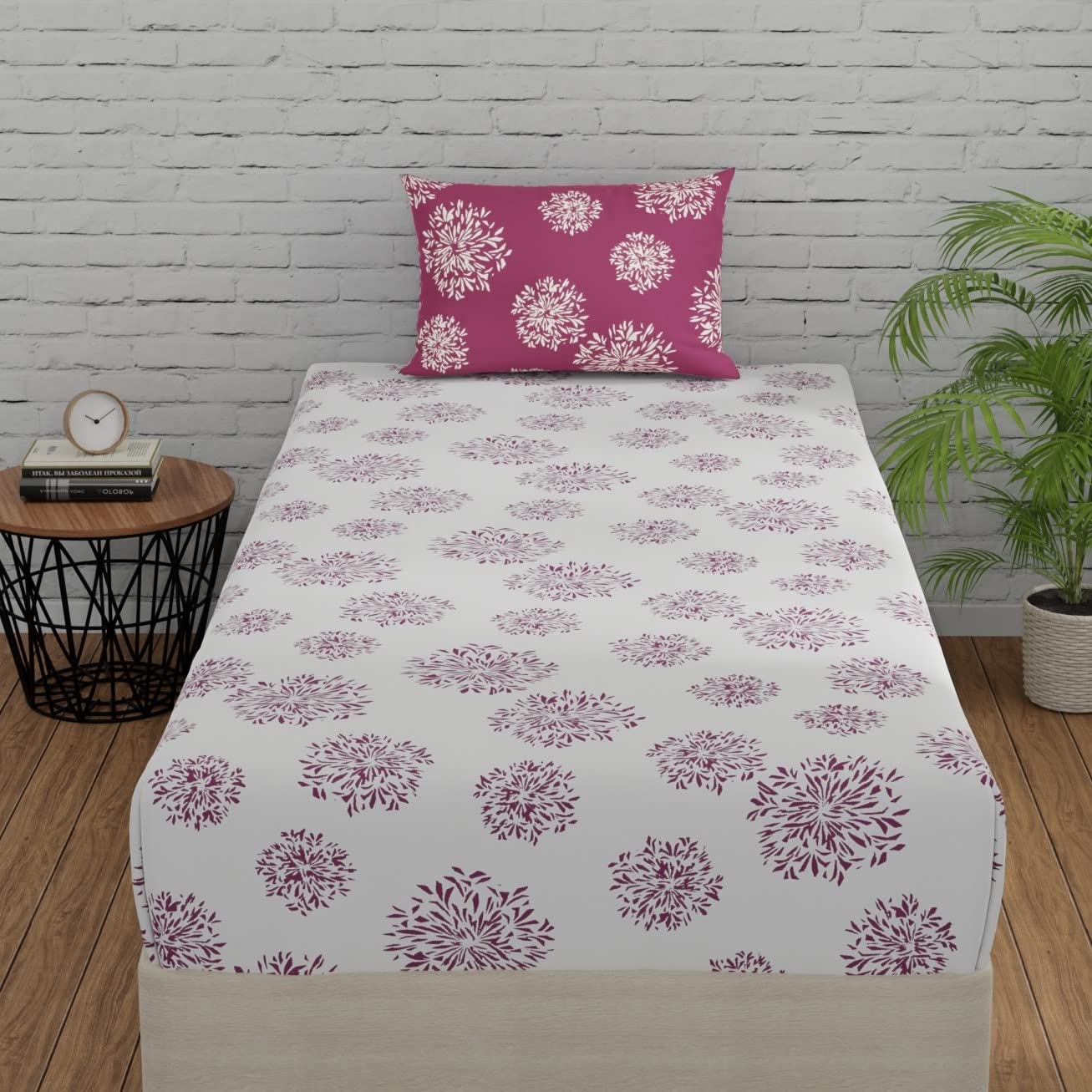 Huesland By Ahmedabad Cotton 144 Tc Single Bedsheet Pure Cotton With 1 Pillow Cover  White & Mauve